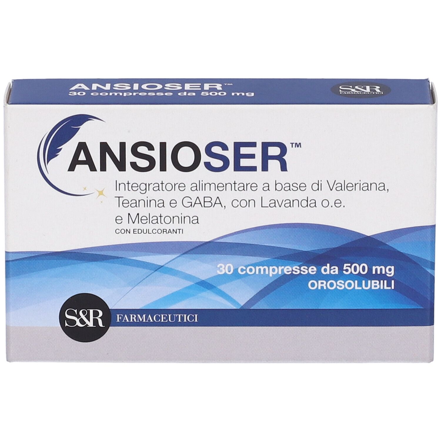 Scatola Ansioser. Confezione blu e bianca. Contiene 30 compresse. Testo "Ansioser", "Orosolubili" visibile.
