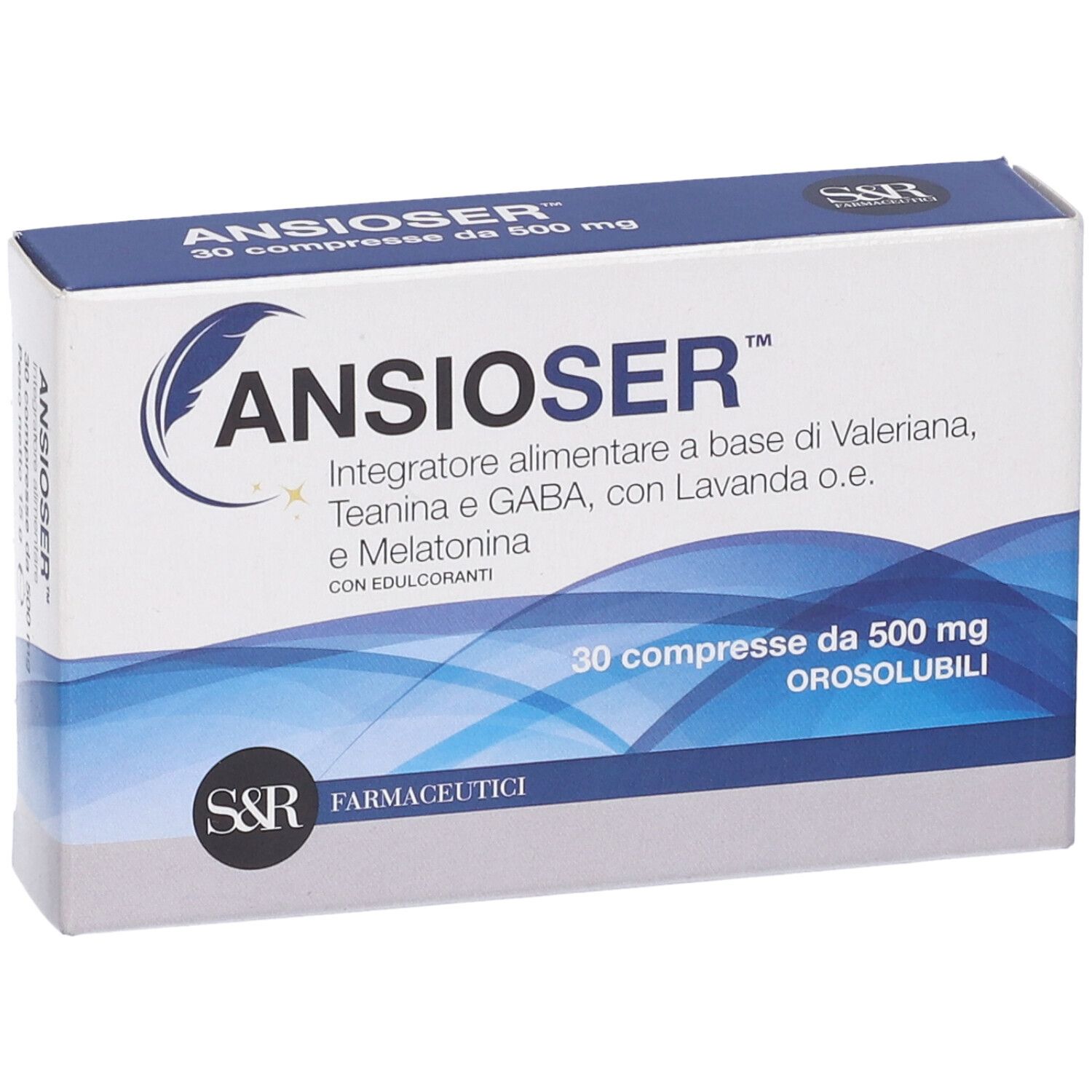 Scatola Ansioser. Confezione blu e bianca. Contiene 30 compresse. Testo "Ansioser", "Orosolubili" visibile.