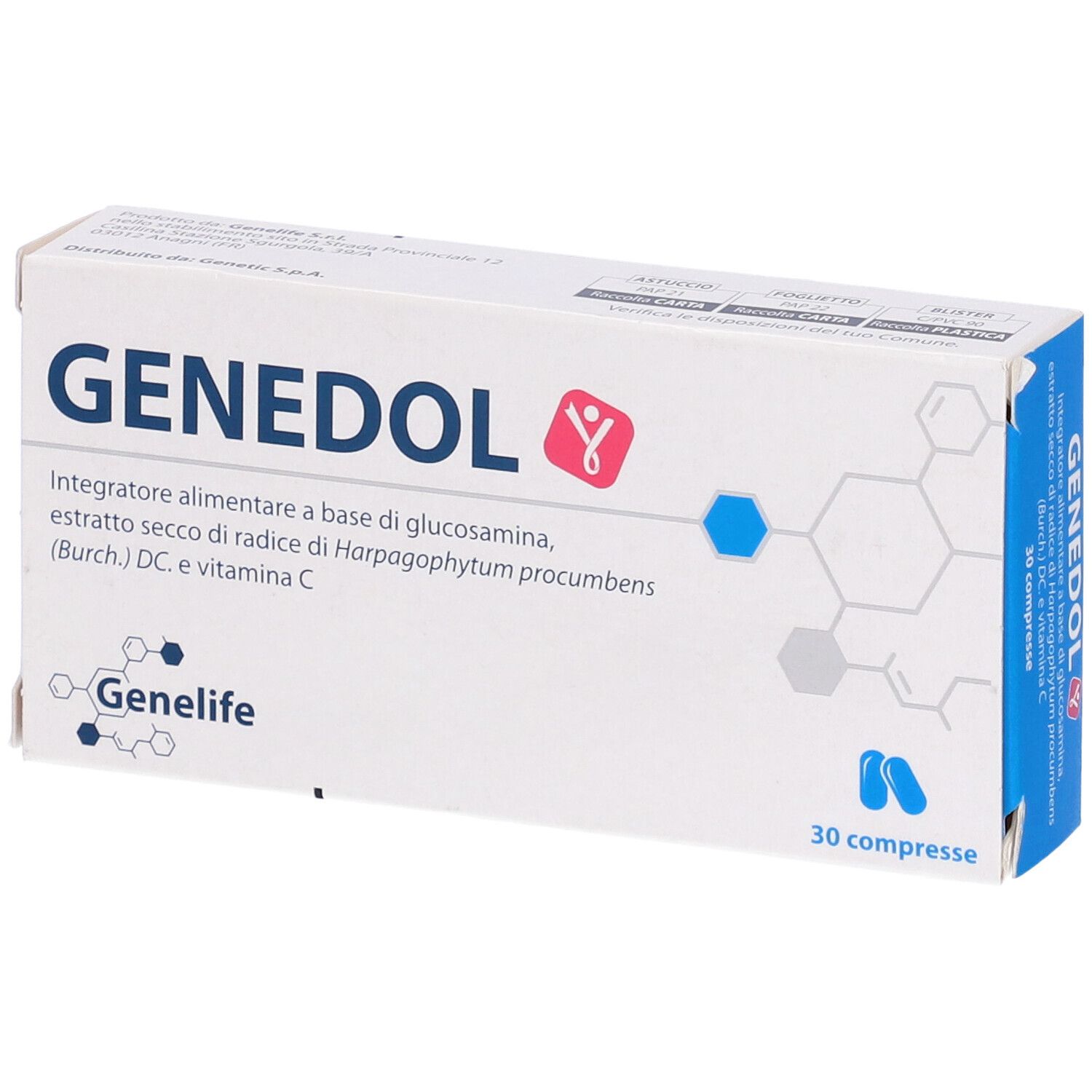 Scatola bianca con logo "GENEDOL". Contiene 30 compresse. Testo: Integratore alimentare a base di glucosamina, estratto secco di radice di Harpagophytum procumbens (Burch.) DC. e vitamina C.