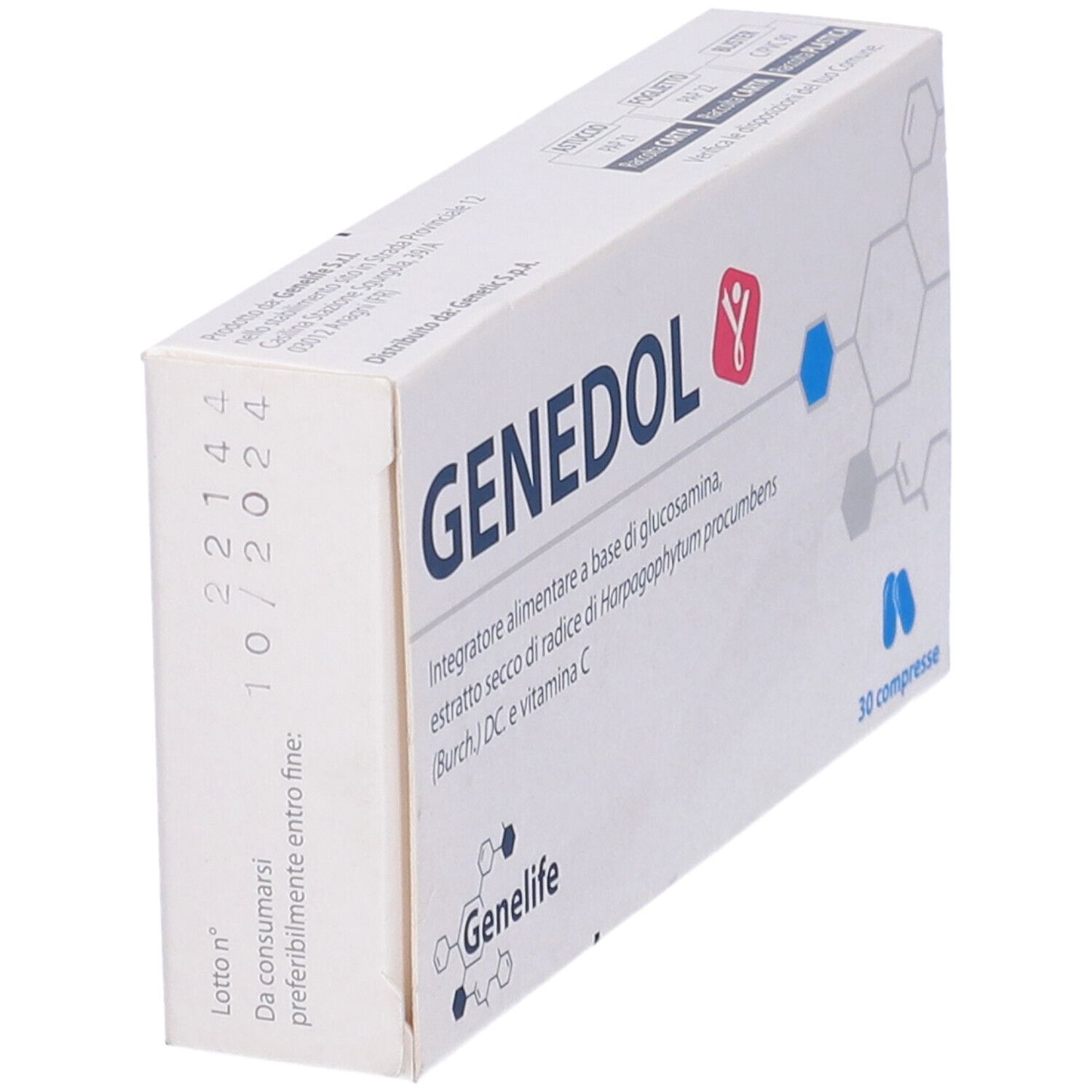 Scatola "GENEDOL" in prospettiva. Stampa: 30 compresse. Testo: Integratore alimentare a base di glucosamina, estratto secco di radice di Harpagophytum procumbens (Burch.) DC. e vitamina C.