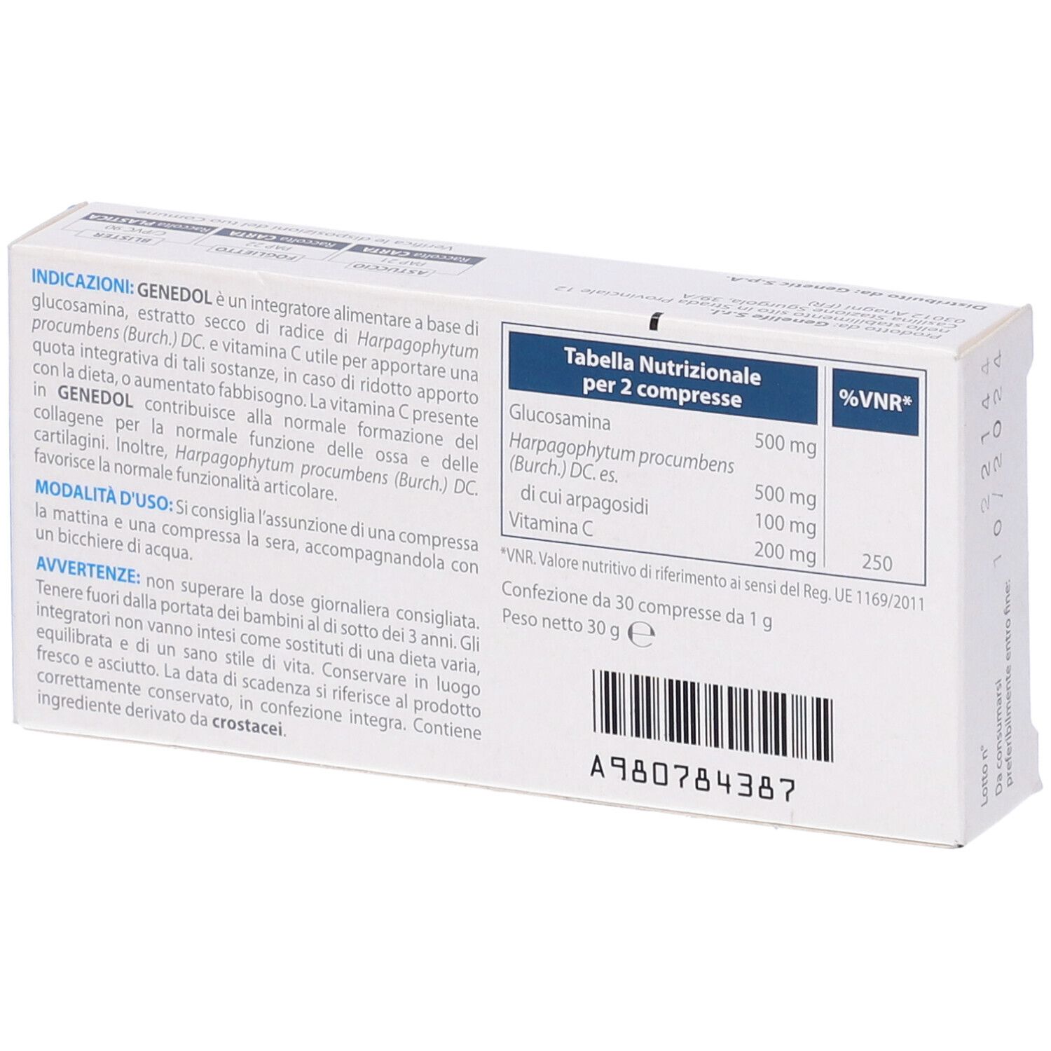 Retro della scatola "GENEDOL". Contiene tabella nutrizionale e testo. Stampa: A980784387. Testo: Integratore alimentare a base di glucosamina, estratto secco di radice di Harpagophytum procumbens (Burch.) DC. e vitamina C.