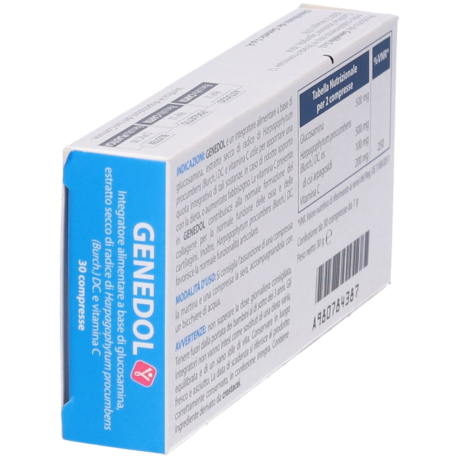 Scatola "GENEDOL" in prospettiva. Stampa: 30 compresse. Testo: Integratore alimentare a base di glucosamina, estratto secco di radice di Harpagophytum procumbens (Burch.) DC. e vitamina C.