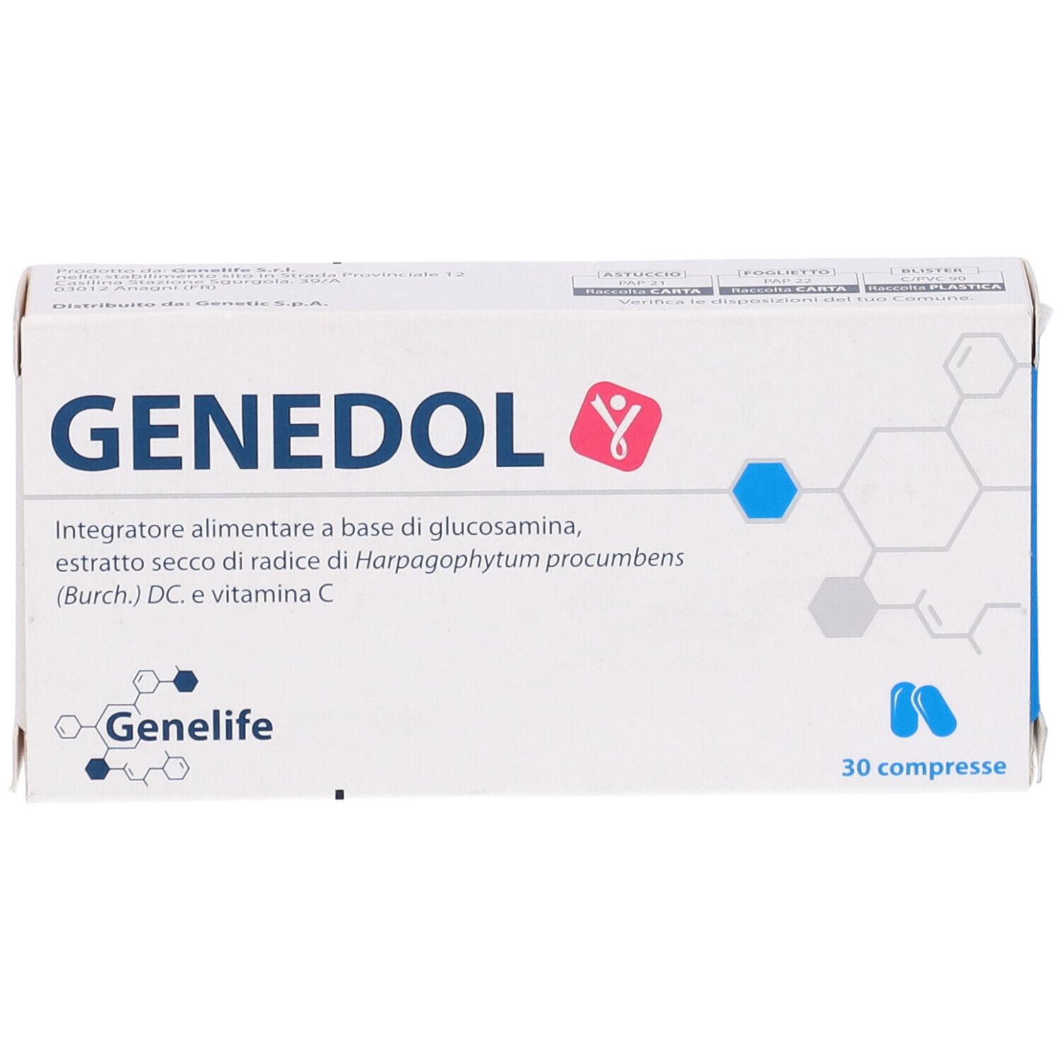 Scatola bianca con logo "GENEDOL". Contiene 30 compresse. Testo: Integratore alimentare a base di glucosamina, estratto secco di radice di Harpagophytum procumbens (Burch.) DC. e vitamina C.