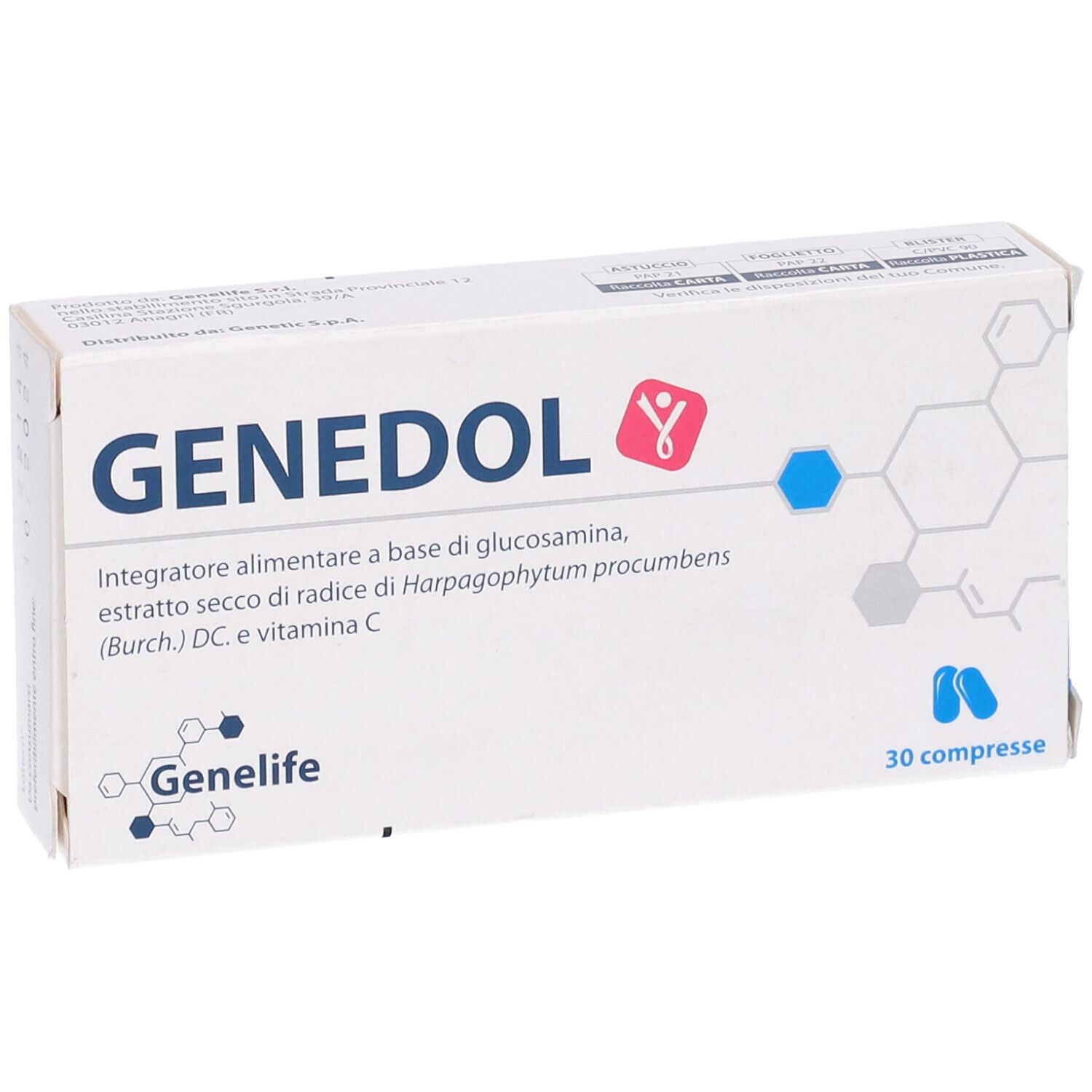 Scatola bianca con logo "GENEDOL". Contiene 30 compresse. Testo: Integratore alimentare a base di glucosamina, estratto secco di radice di Harpagophytum procumbens (Burch.) DC. e vitamina C.