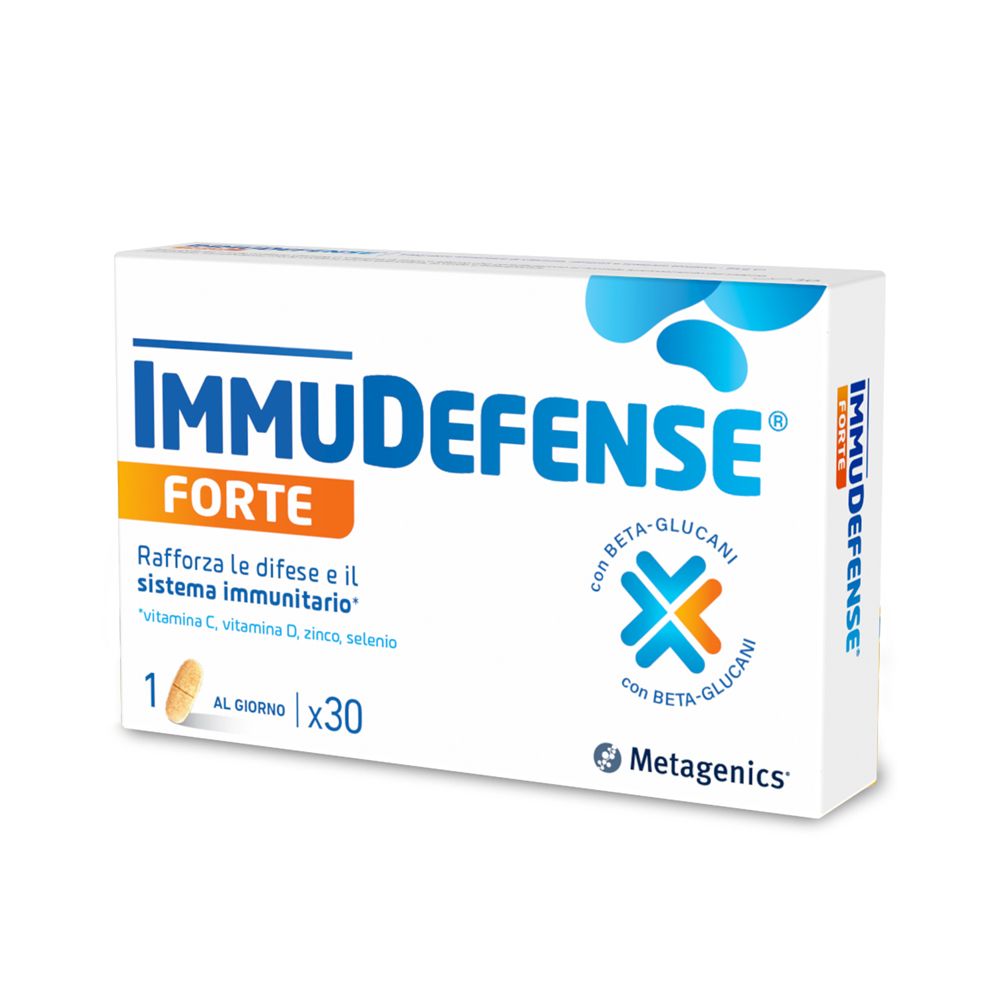 Scatola bianca 'ImmuDefense Forte'. Contiene 30 capsule. Scritto: 'Rafforza le difese e il sistema immunitario'.