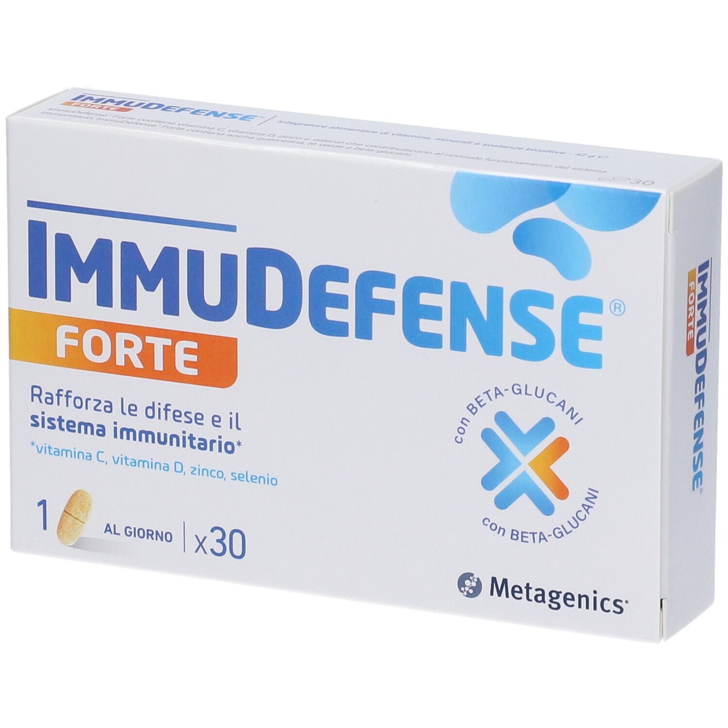 Scatola bianca 'ImmuDefense Forte'. Contiene 30 capsule. Scritto: 'Rafforza le difese e il sistema immunitario'.