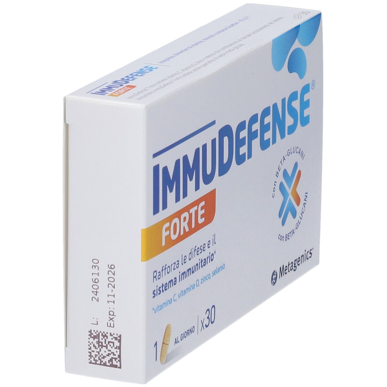 Scatola bianca 'ImmuDefense Forte'. Contiene 30 capsule. Scritto: 'Rafforza le difese e il sistema immunitario'.