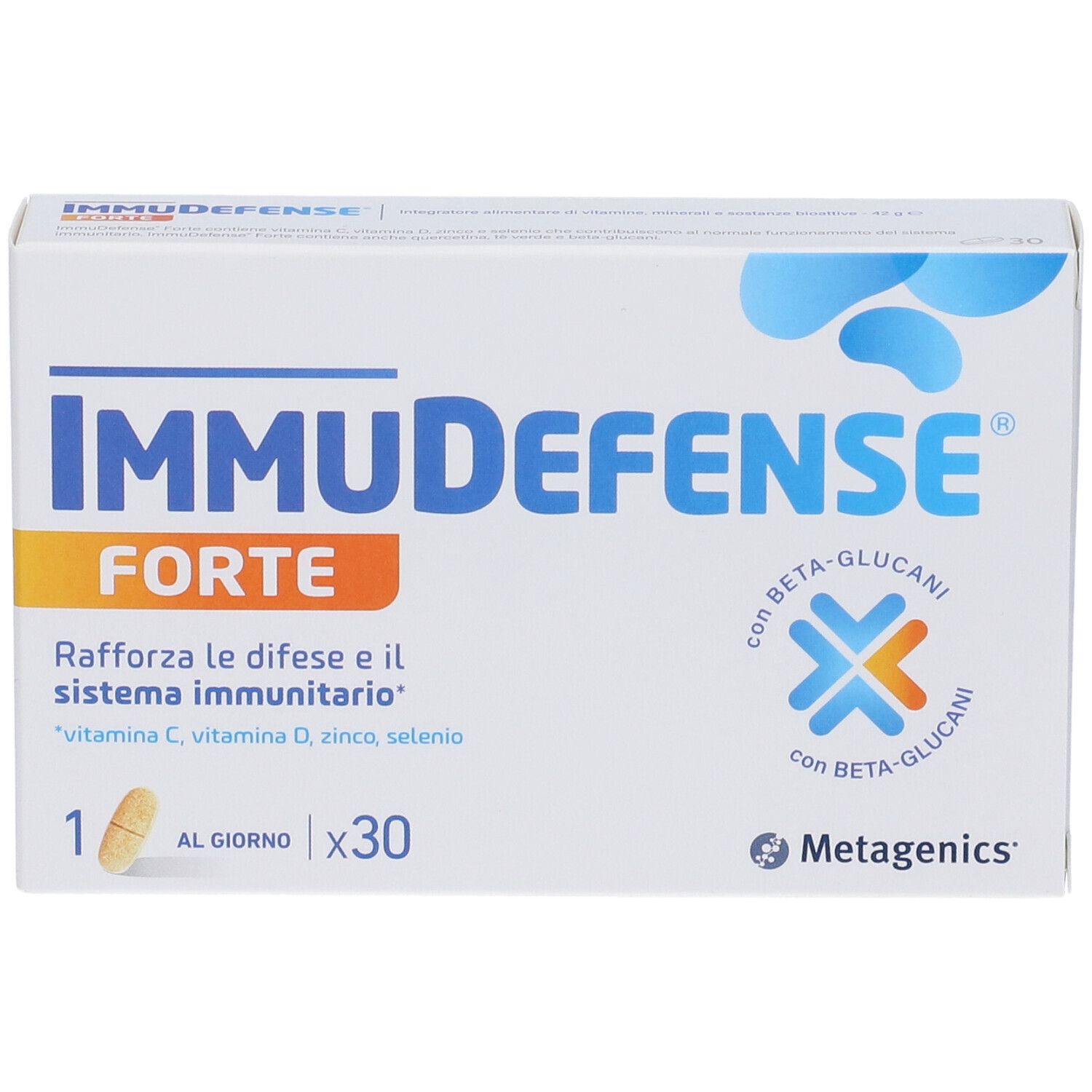 Scatola bianca 'ImmuDefense Forte'. Contiene 30 capsule. Scritto: 'Rafforza le difese e il sistema immunitario'.