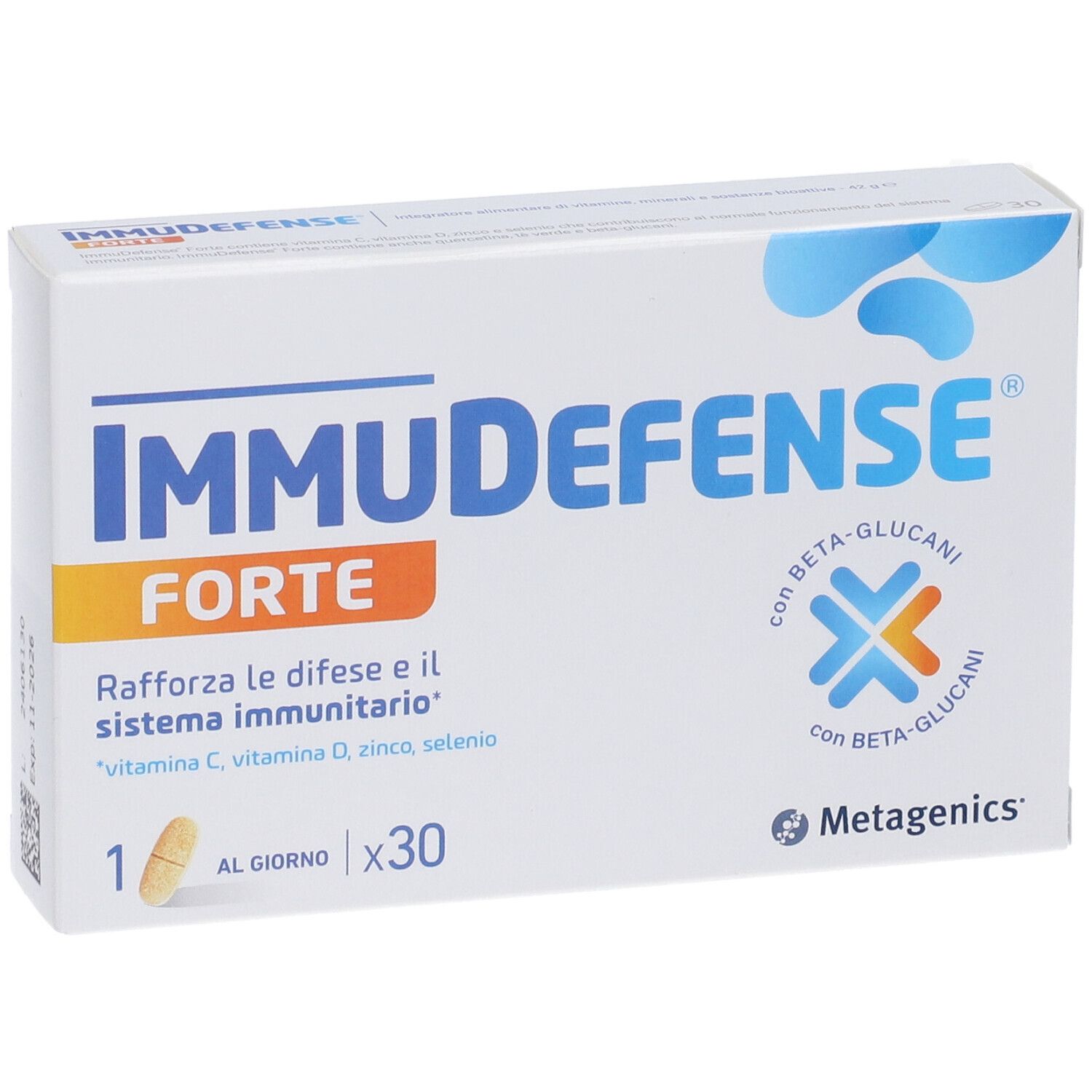 Scatola bianca 'ImmuDefense Forte'. Contiene 30 capsule. Scritto: 'Rafforza le difese e il sistema immunitario'.