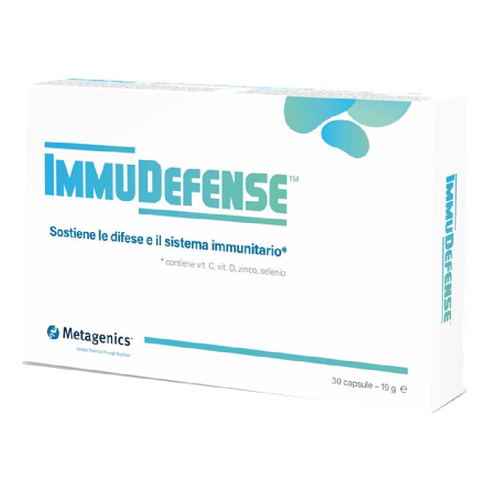 Scatola bianca con logo blu "IMMUDEFENSE". Testo: "Sostiene le difese e il sistema immunitario". Marchio Metagenics.