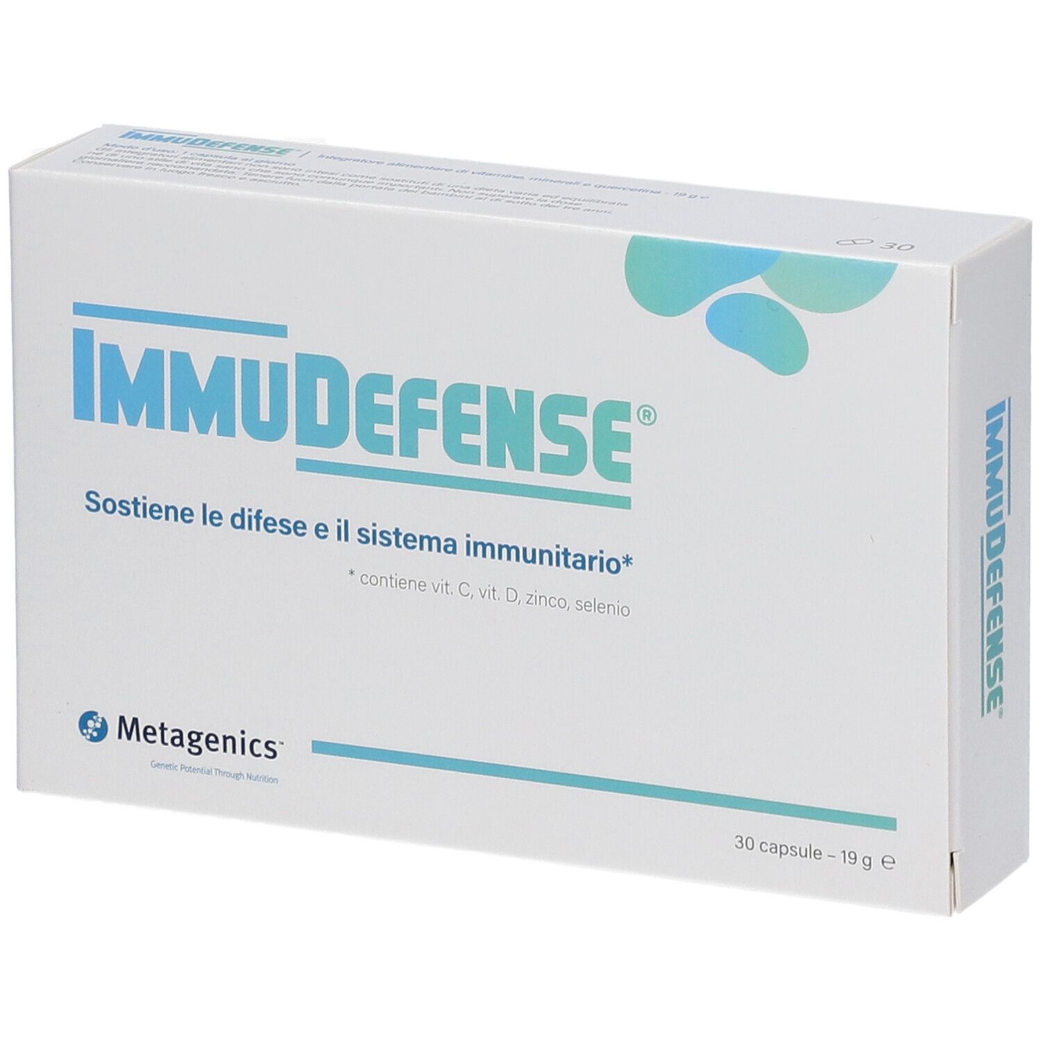 Scatola bianca con logo blu "IMMUDEFENSE". Testo: "Sostiene le difese e il sistema immunitario". Marchio Metagenics.