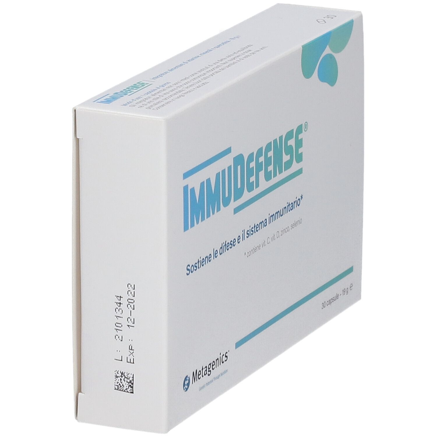 Scatola bianca con logo blu "IMMUDEFENSE". Testo: "Sostiene le difese e il sistema immunitario". Marchio Metagenics. Scadenza.