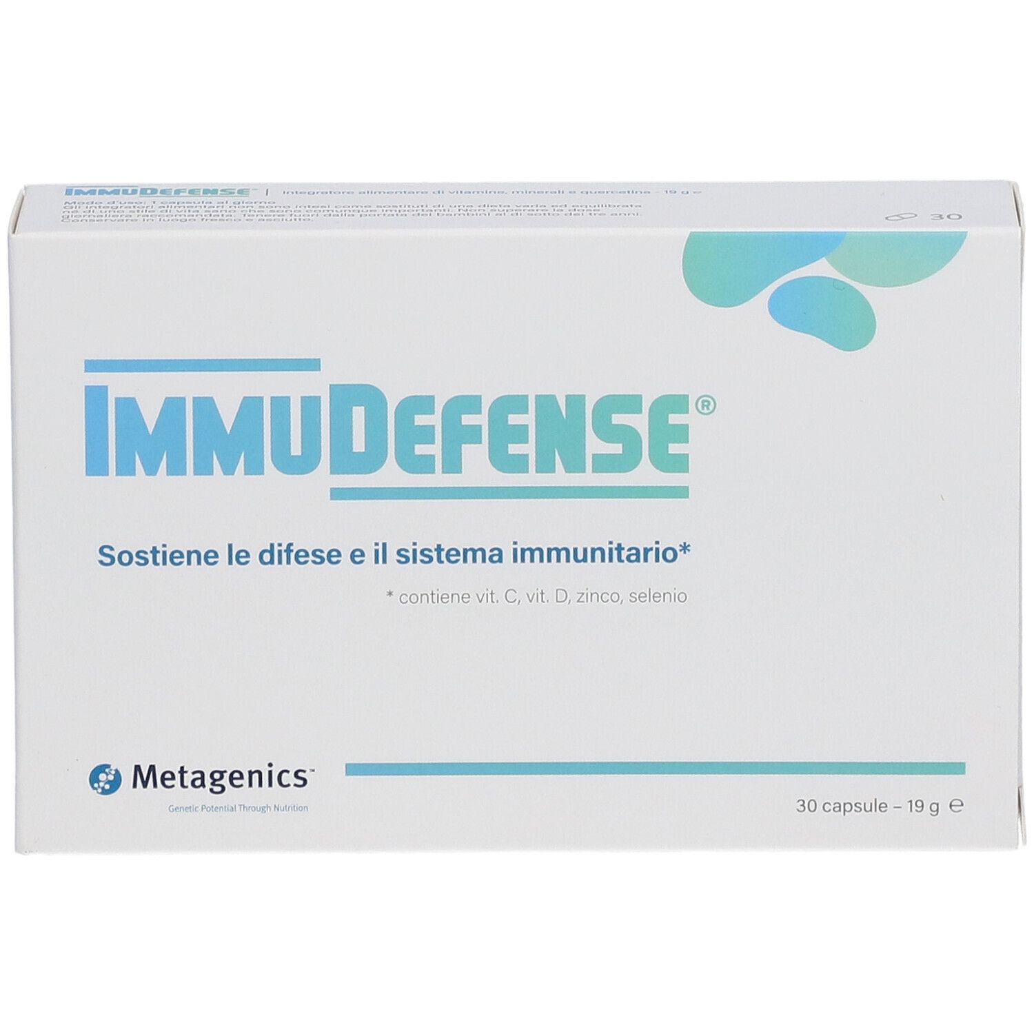 Scatola bianca con logo blu "IMMUDEFENSE". Testo: "Sostiene le difese e il sistema immunitario". Marchio Metagenics.