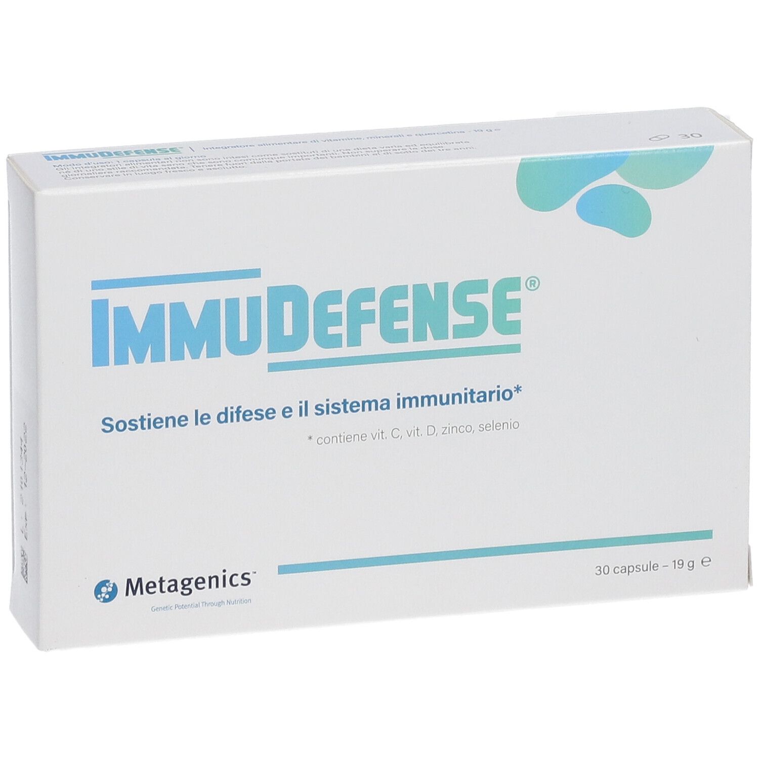 Scatola bianca con logo blu "IMMUDEFENSE". Testo: "Sostiene le difese e il sistema immunitario". Marchio Metagenics.