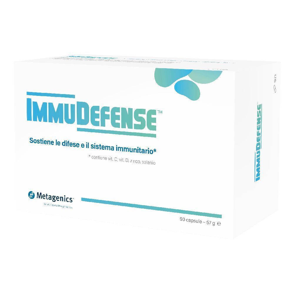 Scatola bianca con logo blu "ImmuDefense". Testo: "Sostiene le difese e il sistema immunitario". Contiene 90 capsule.