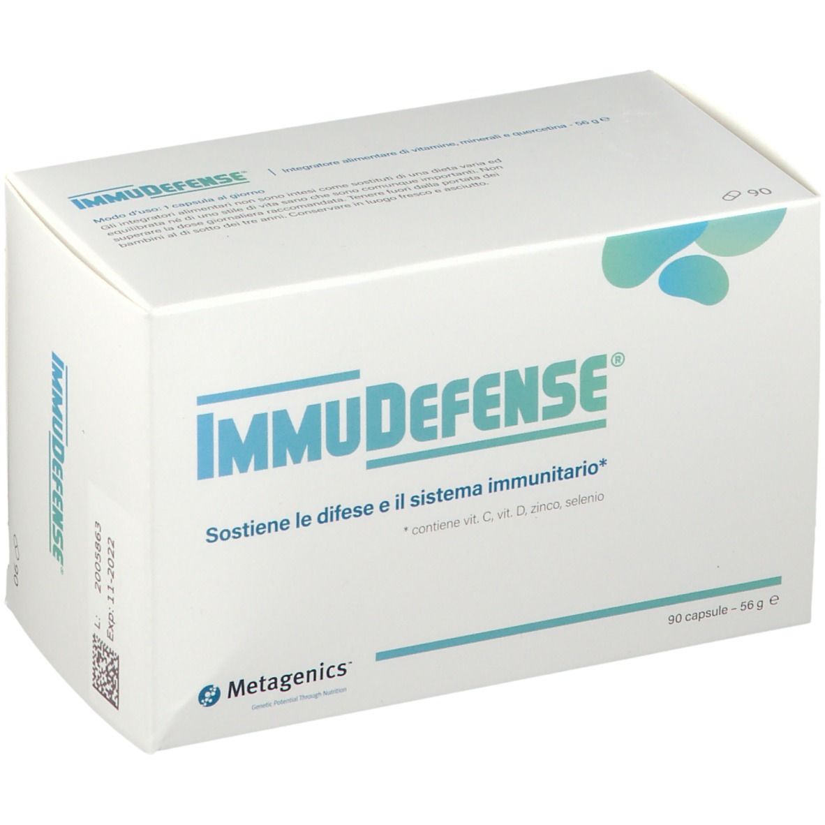 Scatola bianca con logo "ImmuDefense". Testo: "Sostiene le difese e il sistema immunitario". Contiene 90 capsule. Vista angolata.
