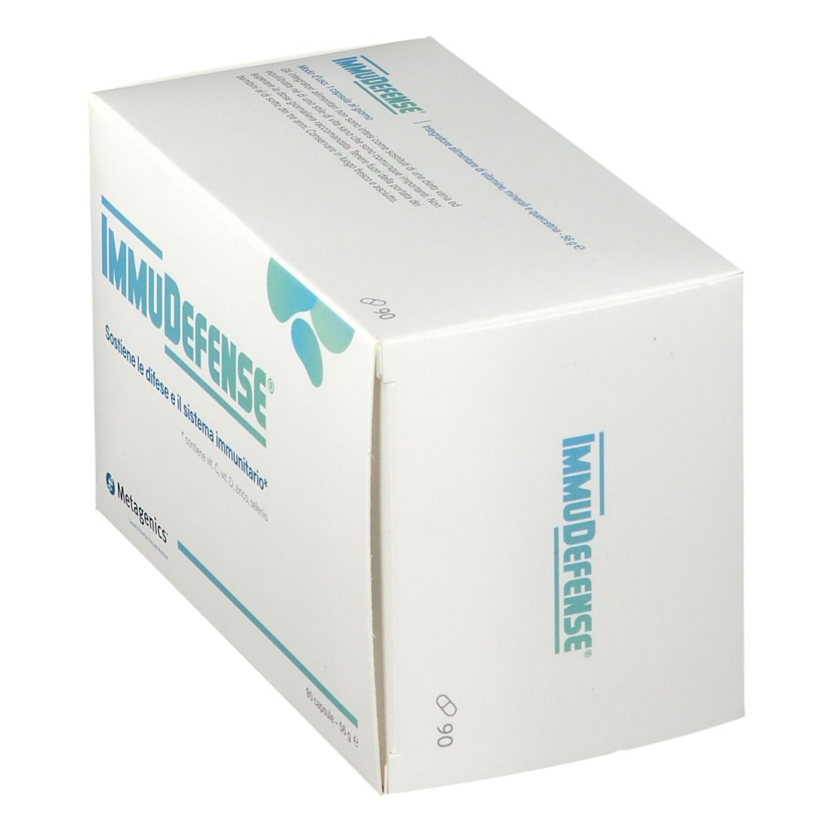 Scatola bianca con logo "ImmuDefense". Testo: "Sostiene le difese e il sistema immunitario". Contiene 90 capsule. Vista angolata.
