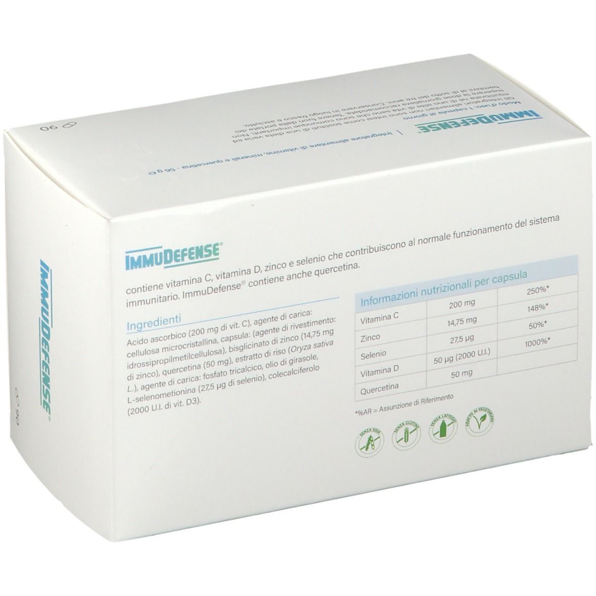 Retro di una scatola bianca "ImmuDefense". Contiene ingredienti e informazioni nutrizionali. 90 capsule.