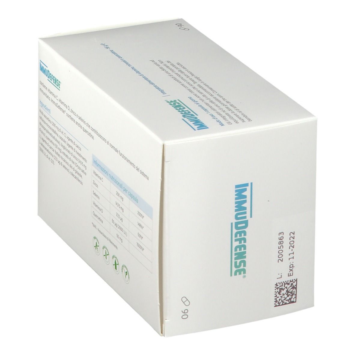 Scatola bianca con logo "ImmuDefense". Contiene ingredienti e informazioni nutrizionali. 90 capsule. Vista angolata.