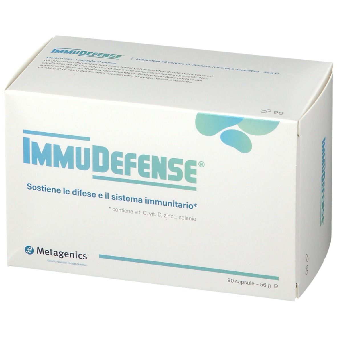 Scatola bianca con logo "ImmuDefense". Testo: "Sostiene le difese e il sistema immunitario". Contiene 90 capsule. Vista angolata.
