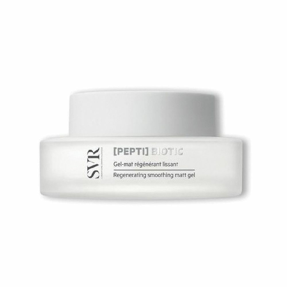 Vaso di crema con coperchio bianco. Visibili SVR e [PEPTI] BIOTIC. Testo: Gel-mat régénérant lissant.