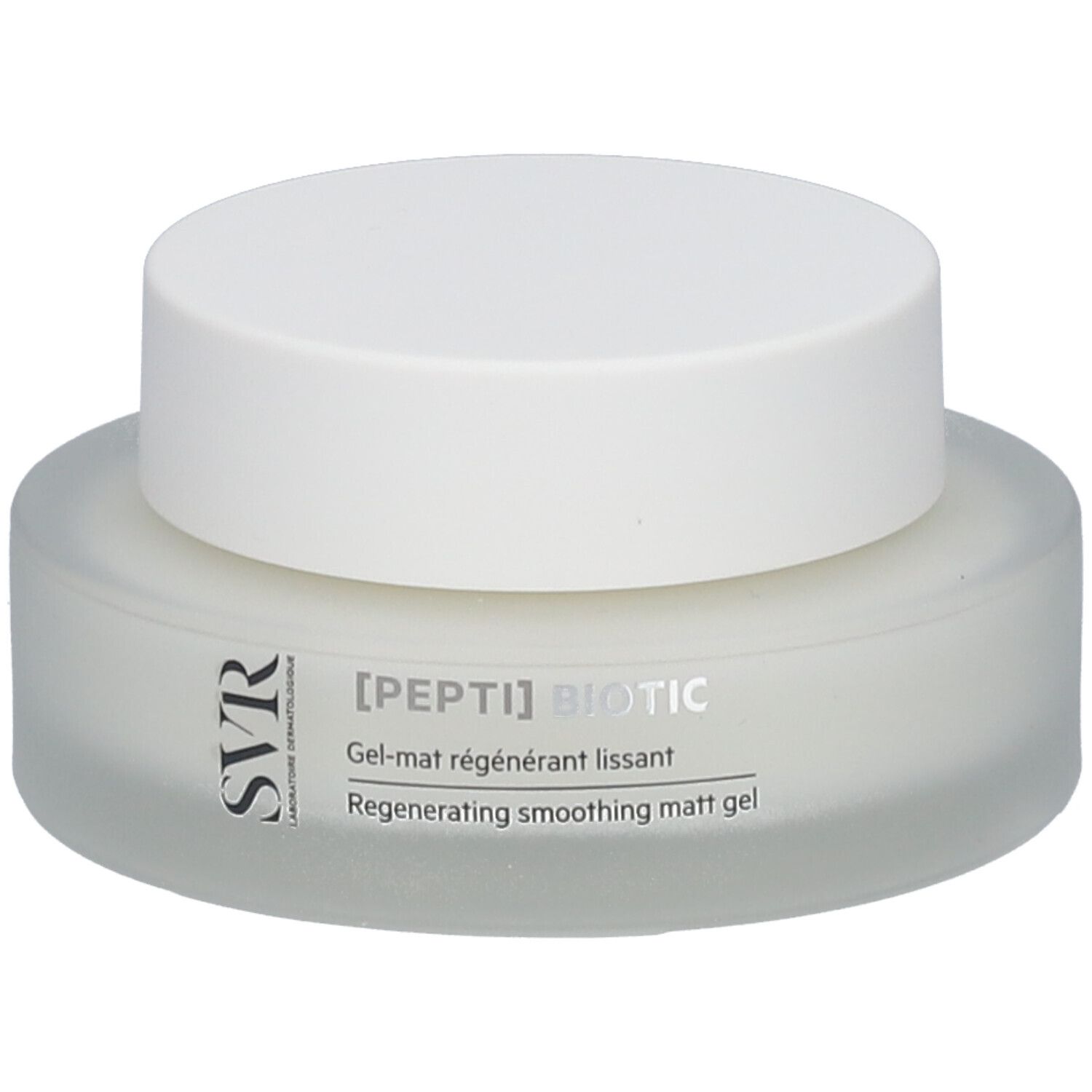 Vaso di crema con coperchio bianco. Visibili SVR e [PEPTI] BIOTIC. Testo: Gel-mat régénérant lissant.