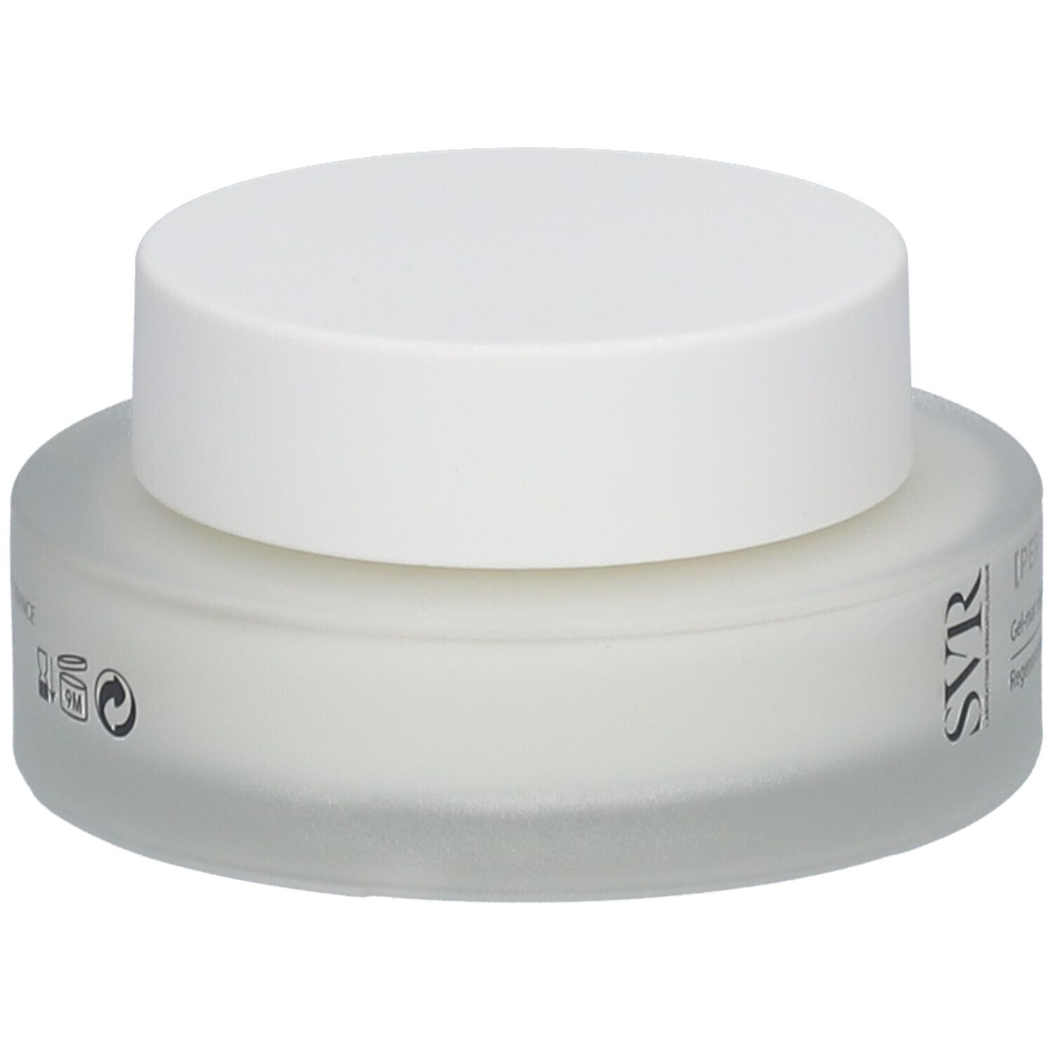 Vaso di crema con coperchio bianco. Visibili SVR e [PEPTI] BIOTIC. Testo: Gel-mat régénérant lissant.