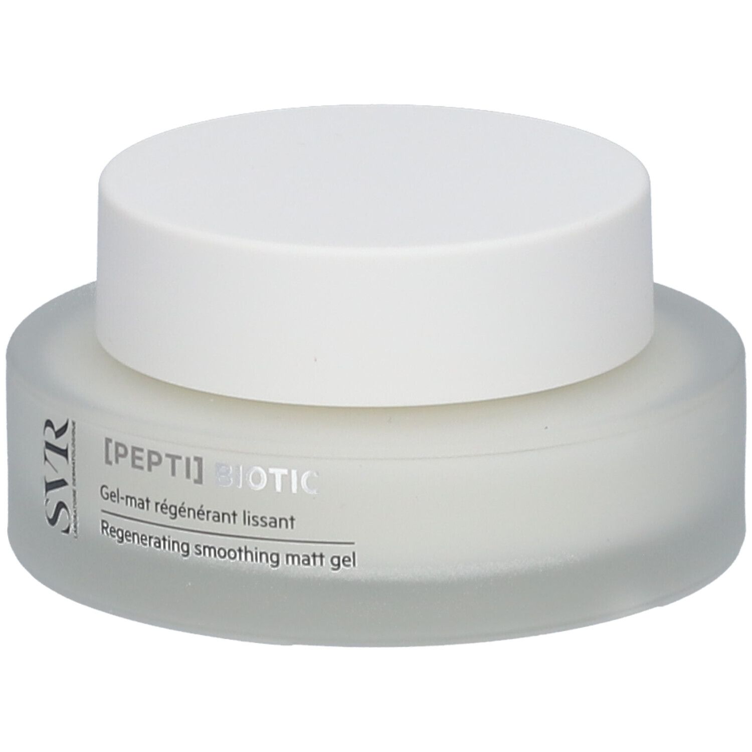 Vaso di crema con coperchio bianco. Visibili SVR e [PEPTI] BIOTIC. Testo: Gel-mat régénérant lissant.