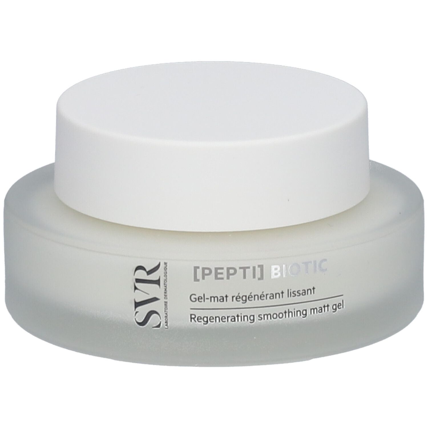Vaso di crema con coperchio bianco. Visibili SVR e [PEPTI] BIOTIC. Testo: Gel-mat régénérant lissant.