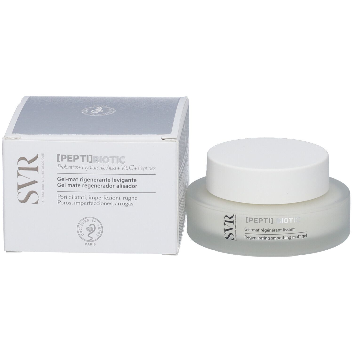 Confezione del prodotto e vaso di crema. SVR e [PEPTI] BIOTIC visibili sulla confezione e sul vaso.