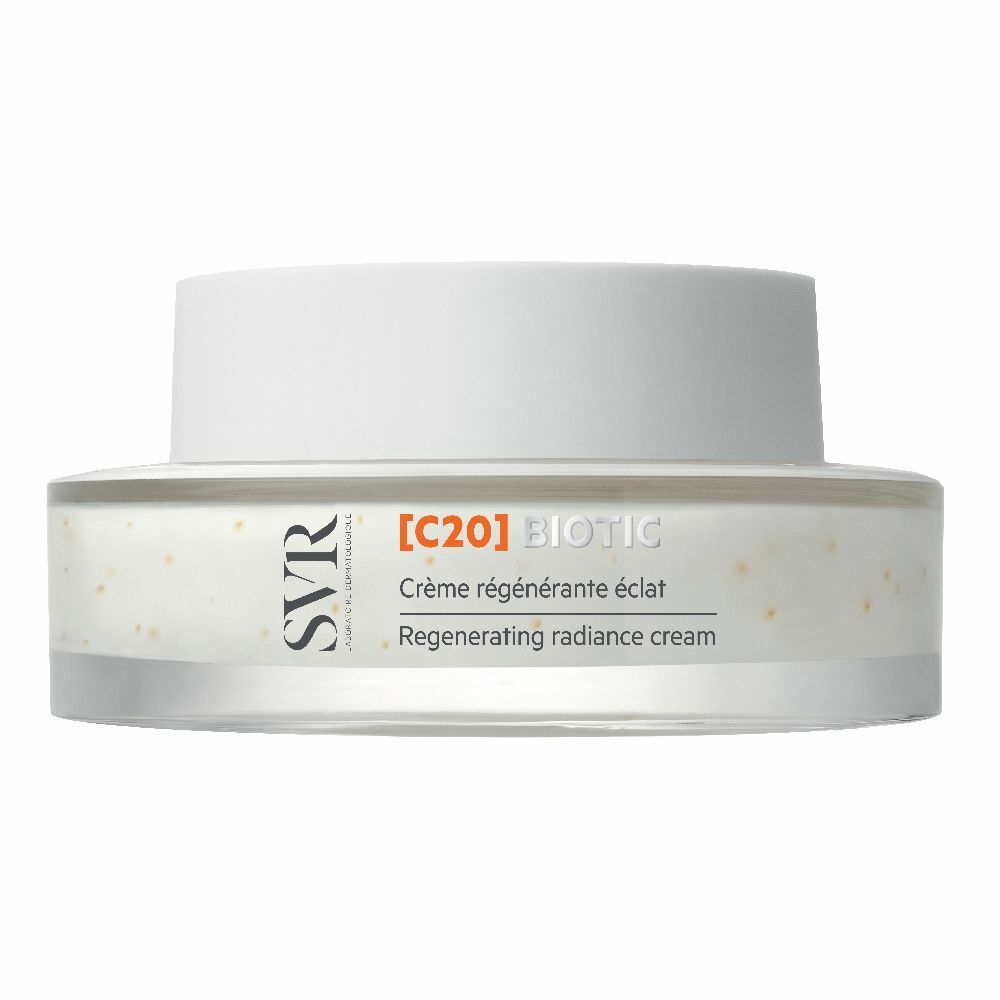 Crema in un barattolo di vetro trasparente con coperchio bianco. L'etichetta riporta SVR [C20] BIOTIC e altre informazioni.