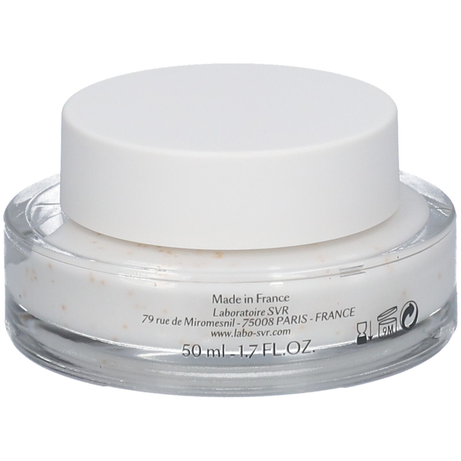 Crema in un barattolo di vetro trasparente con coperchio bianco. L'etichetta riporta SVR [C20] BIOTIC e altre informazioni.