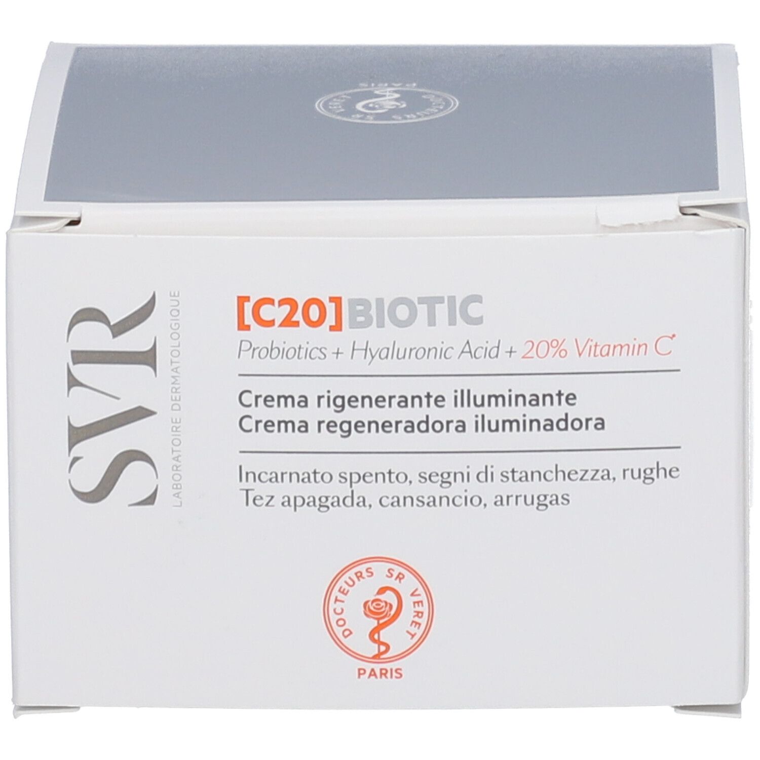 Confezione del prodotto con informazioni su SVR [C20] BIOTIC. Sulla confezione sono visibili nomi di prodotti e loghi.