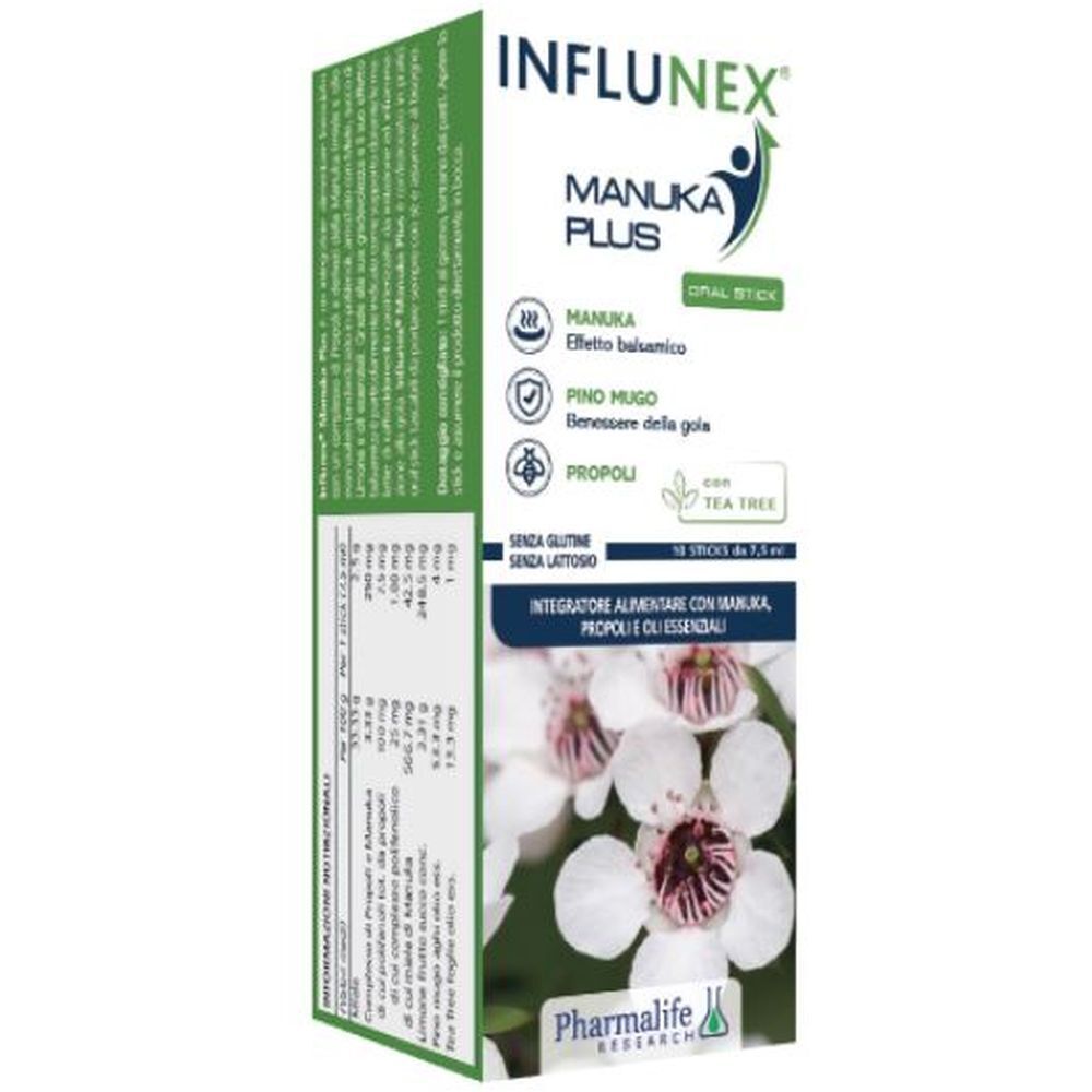 Scatola con informazioni sul prodotto. Scritto: INFLUNEX, MANUKA PLUS. Contiene Manuka, pino, propoli e tea tree. Marchio: Pharmalife Research.