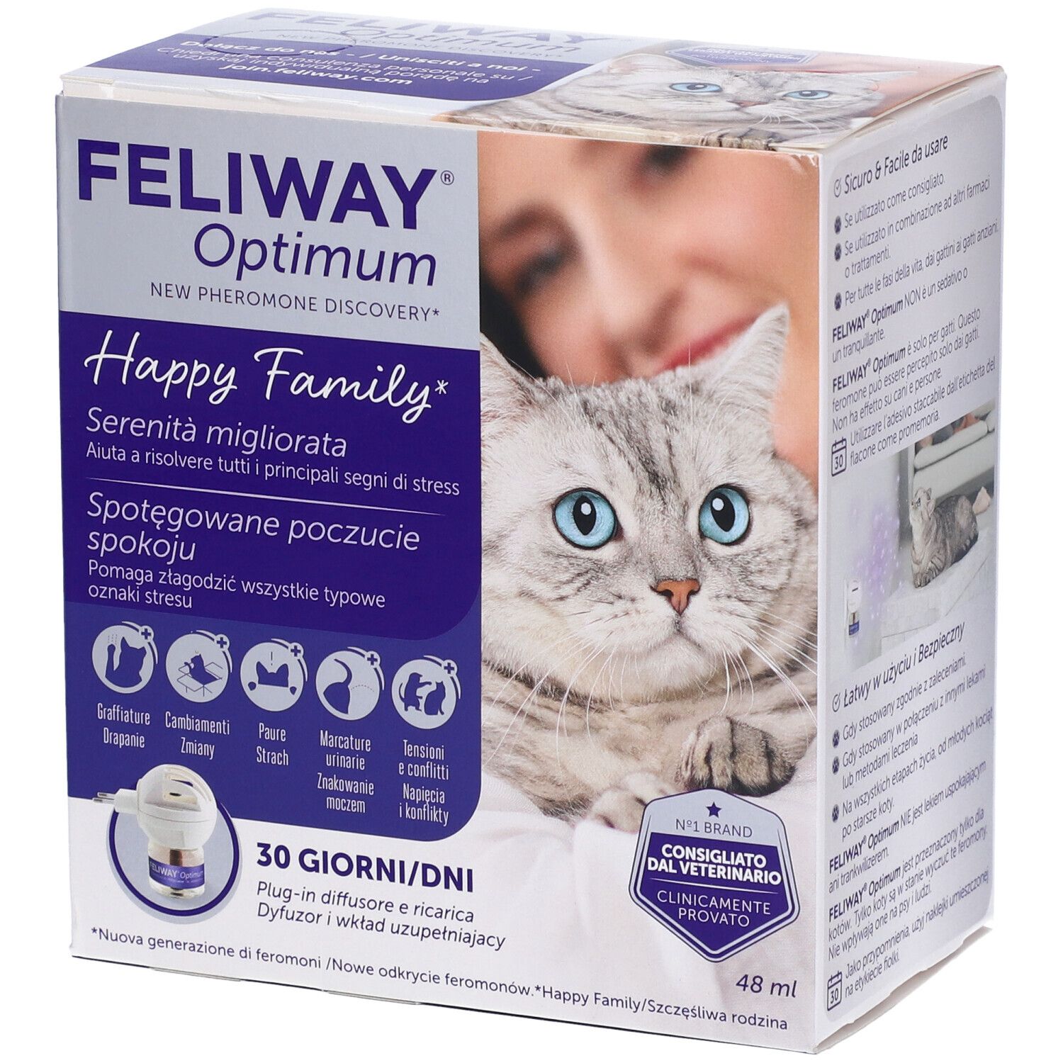 Confezione del prodotto con immagine del prodotto. Contiene un diffusore e una ricarica. Testo: Feliway Optimum, Happy Family, 30 giorni.