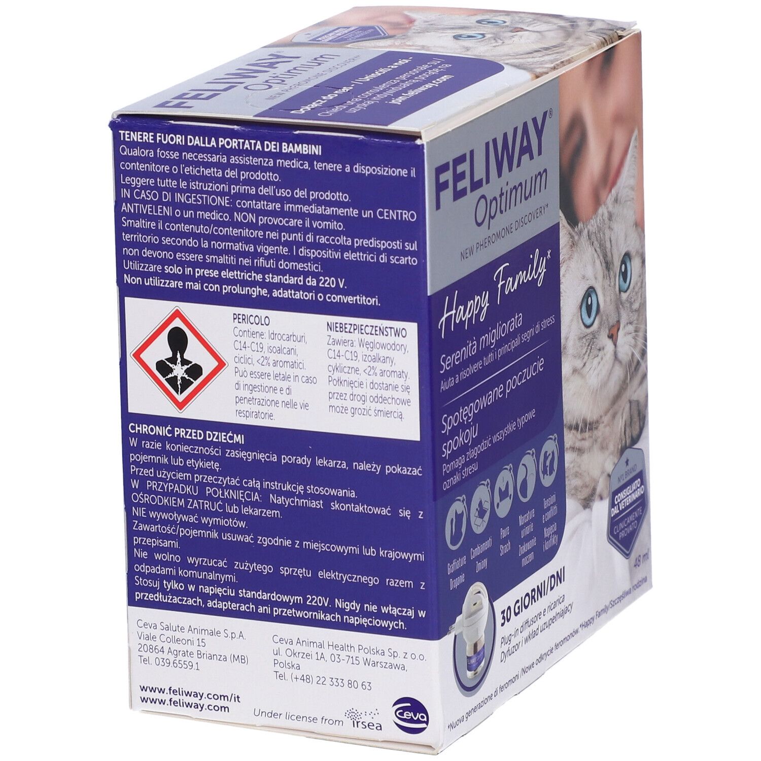 Confezione del prodotto con avvertenze e testo. Contiene un diffusore e una ricarica. Testo: Feliway Optimum, Happy Family, 30 giorni.