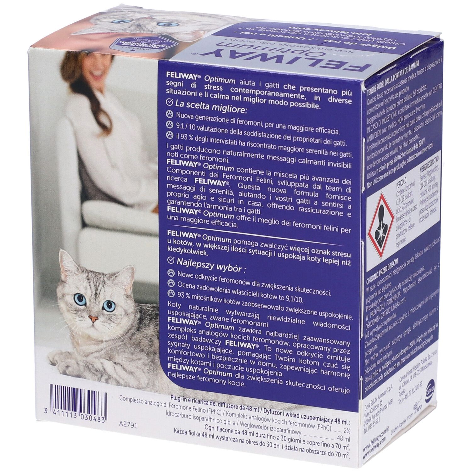 Confezione del prodotto con testo e immagine del prodotto. Testo: Feliway Optimum, Happy Family, 30 giorni. Contiene un diffusore e una ricarica.