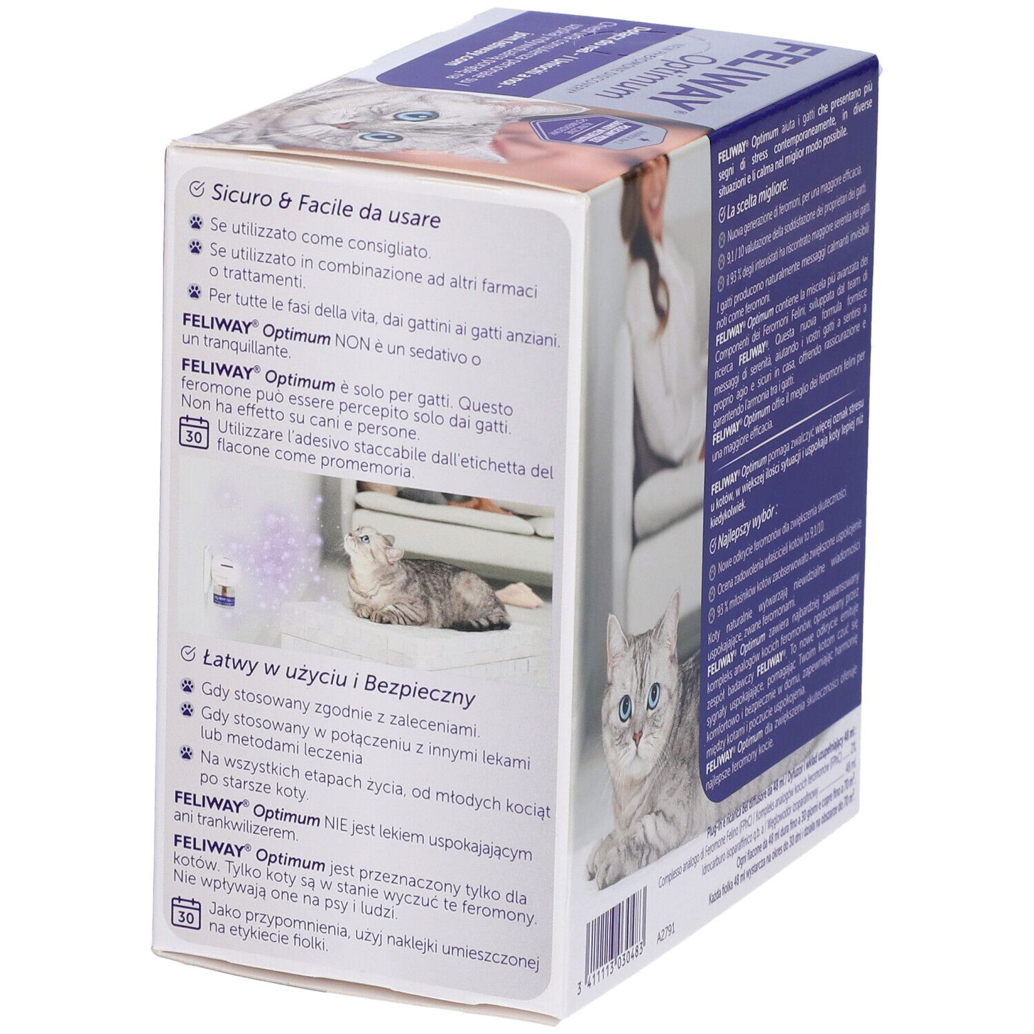 Confezione del prodotto con testo e immagine del prodotto. Testo: Feliway Optimum, Happy Family, 30 giorni. Contiene un diffusore e una ricarica.