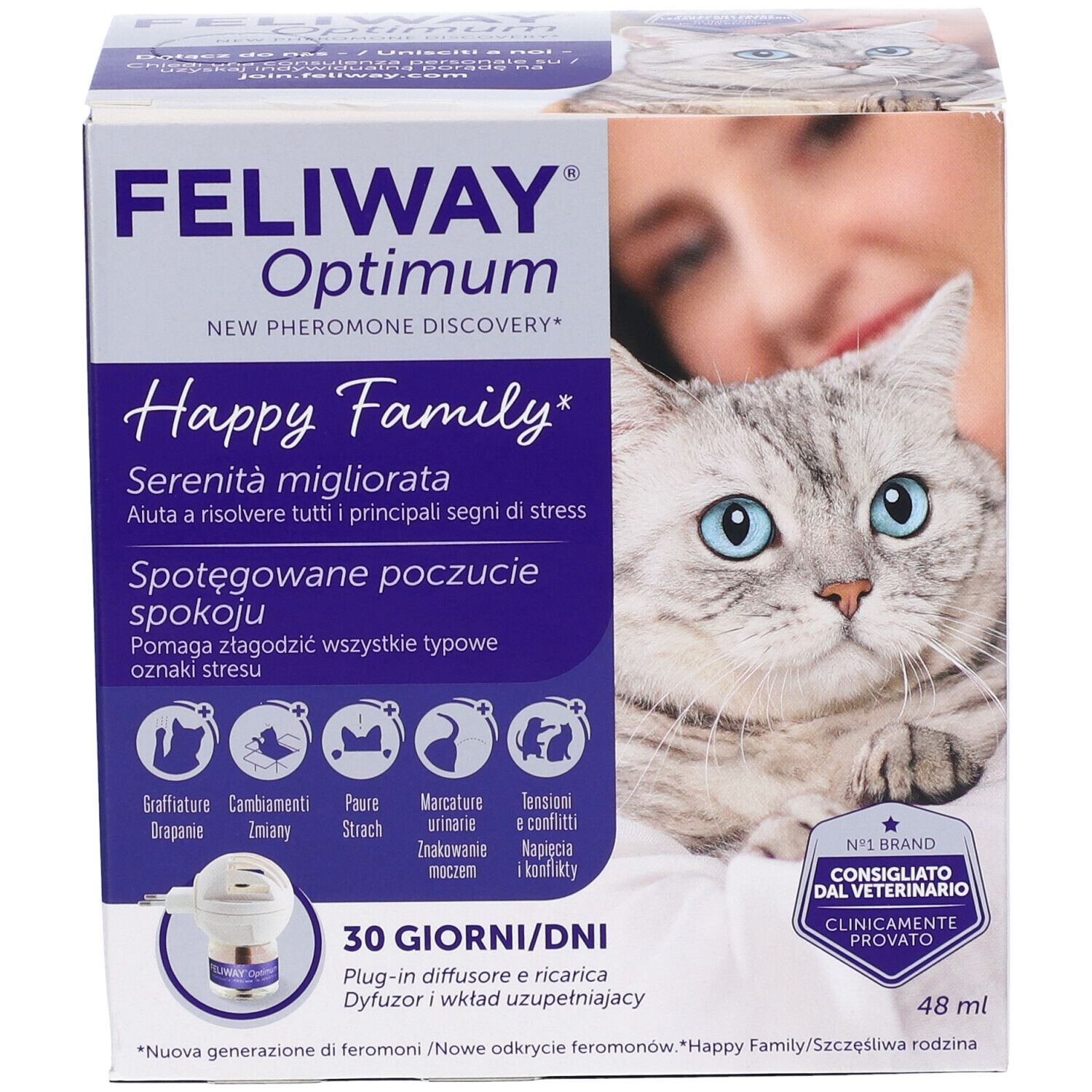 Confezione del prodotto con immagine del prodotto. Contiene un diffusore e una ricarica. Testo: Feliway Optimum, Happy Family, 30 giorni.