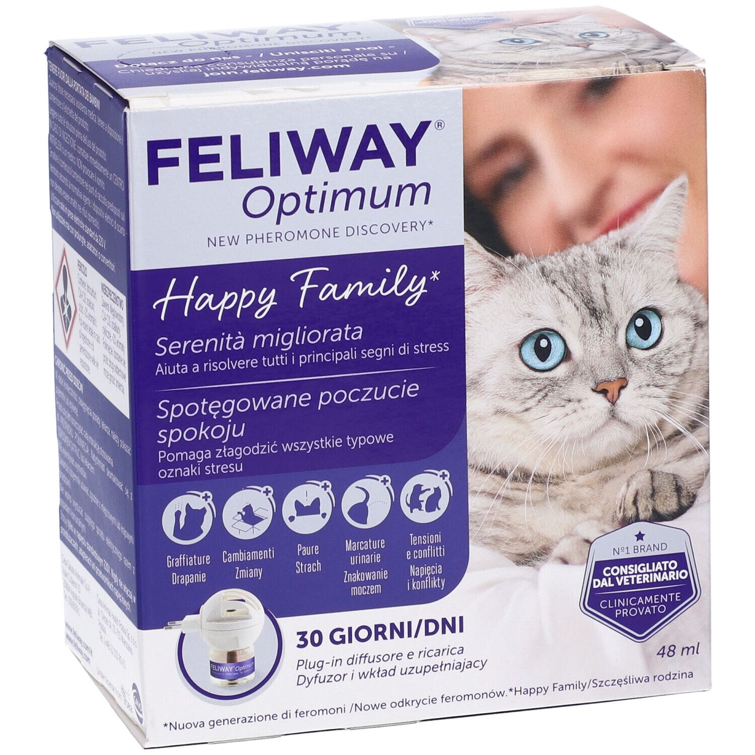 Confezione del prodotto con immagine del prodotto. Contiene un diffusore e una ricarica. Testo: Feliway Optimum, Happy Family, 30 giorni.