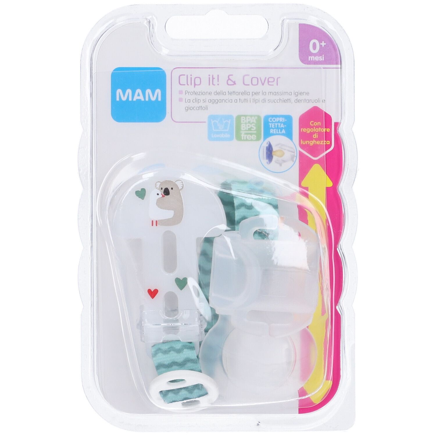 Confezione MAM Clip it! & Cover. Confezione in plastica trasparente, prodotto con clip e porta ciuccio.