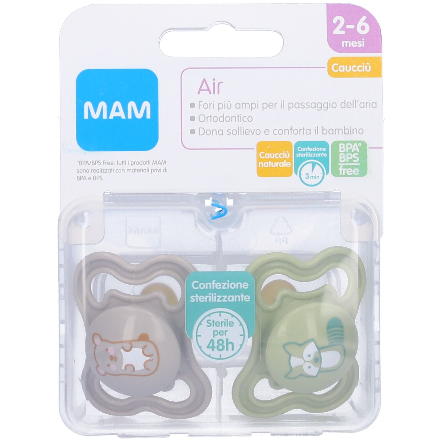 Due succhietti MAM Air 2-6 mesi in confezione blister. Succhietti beige e verde con disegni di animali. Logo MAM e informazioni prodotto.