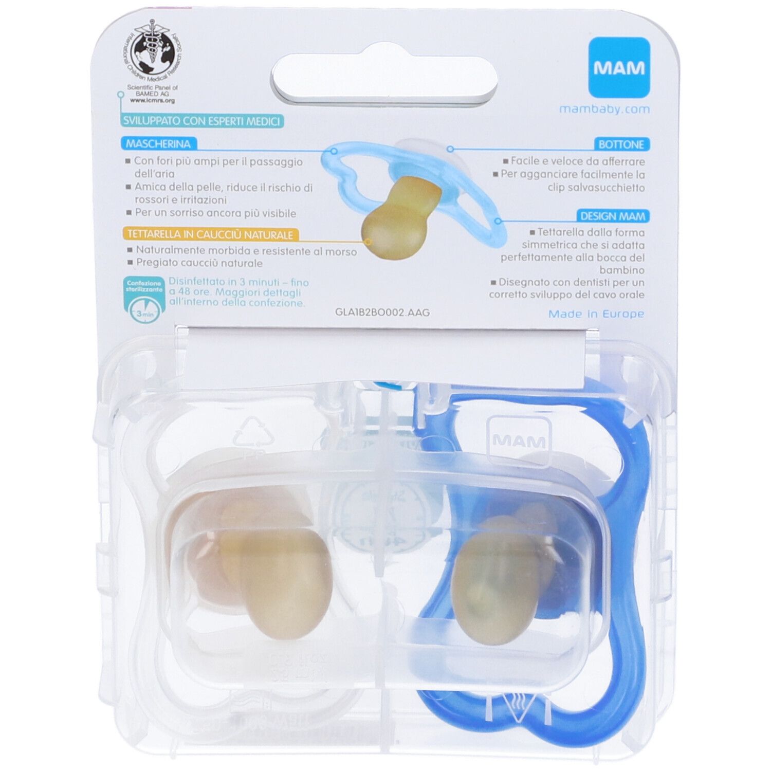 Due succhietti MAM in confezione di plastica. Elementi blu e beige. Testi visibili.