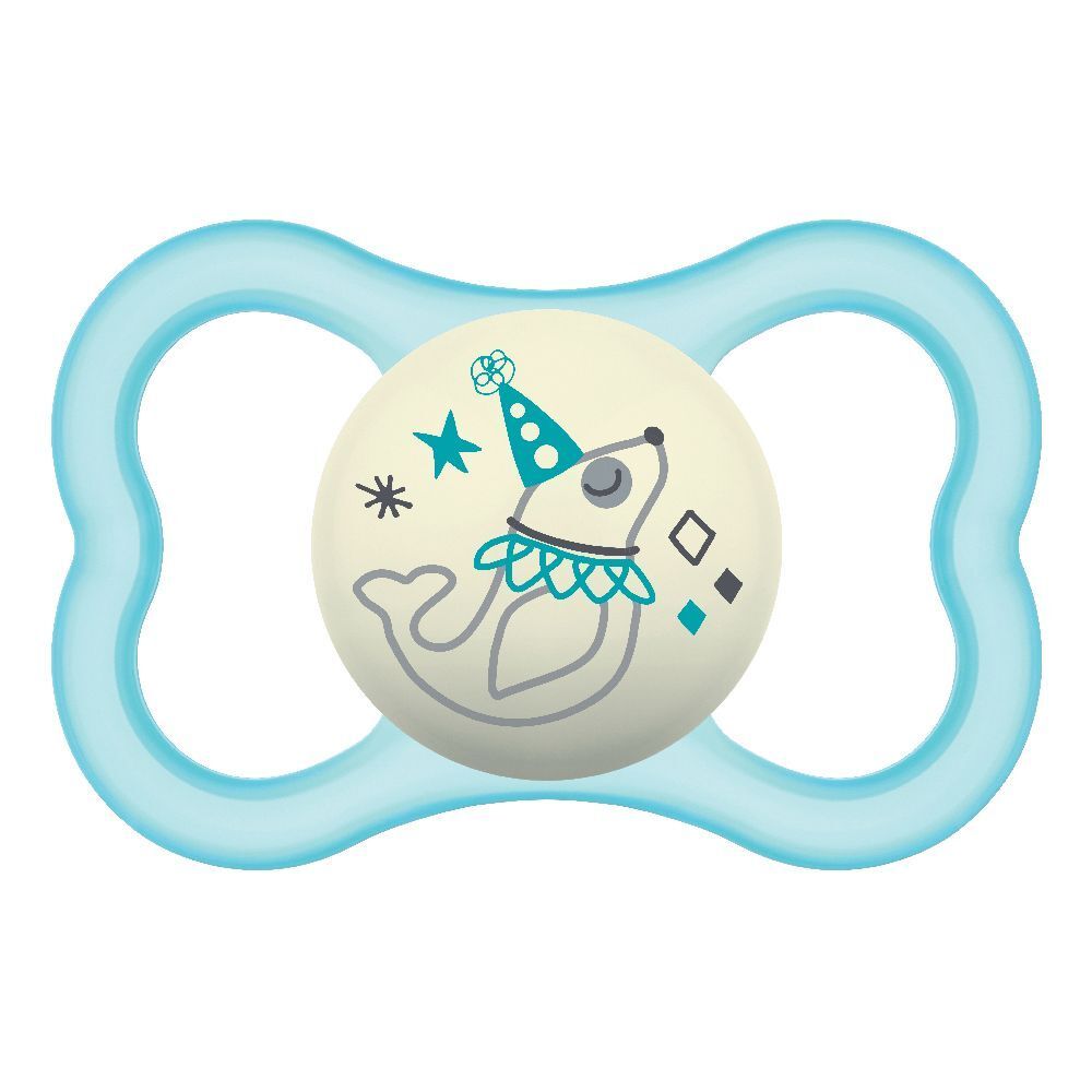 Succhietto blu con disegno di foca. In silicone. Per bambini dai 16 mesi in su.