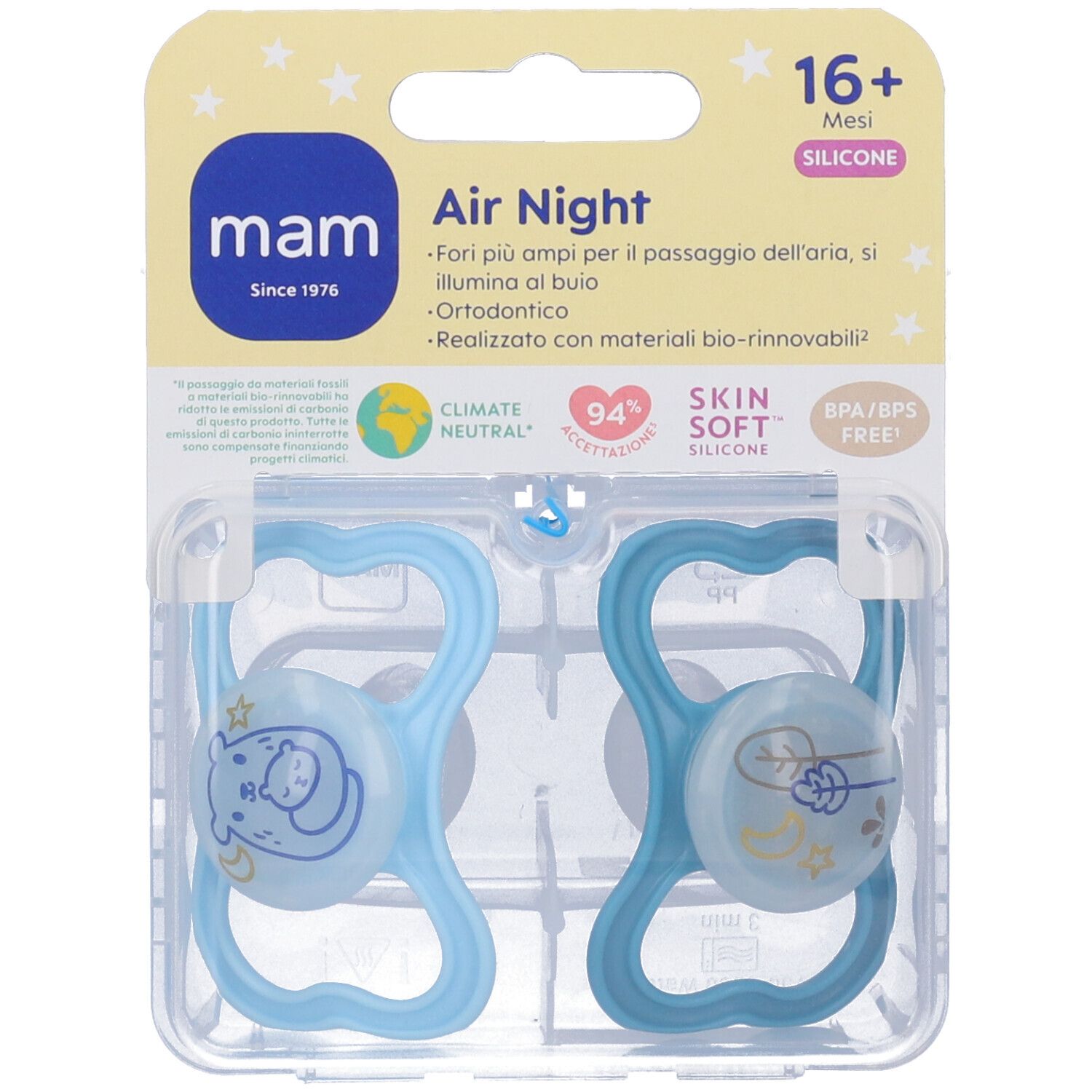 Due succhietti in confezione blister. Scudo blu, silicone. Per bambini dai 16 mesi in su. Marca: mam.