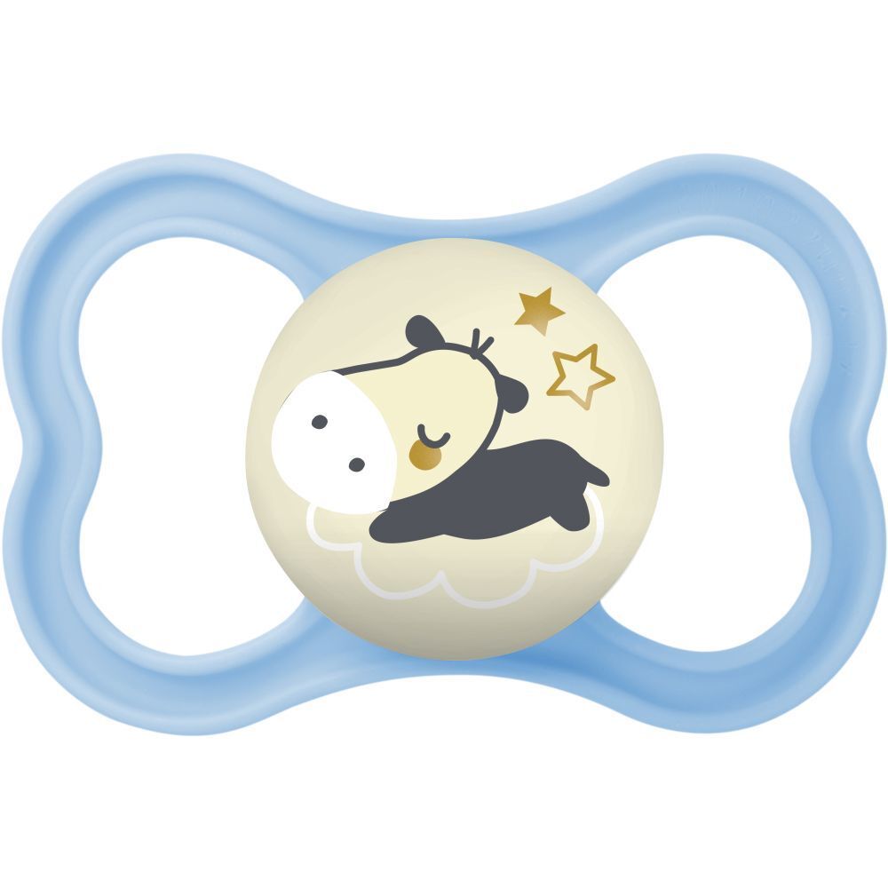 Succhietto blu con motivo animale e stelle. Anello blu.