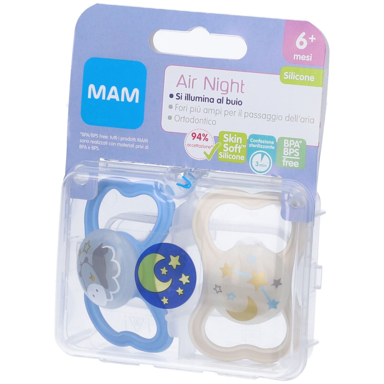 Confezione con due succhietti MAM Air Night. Scritta '6+ mesi'.