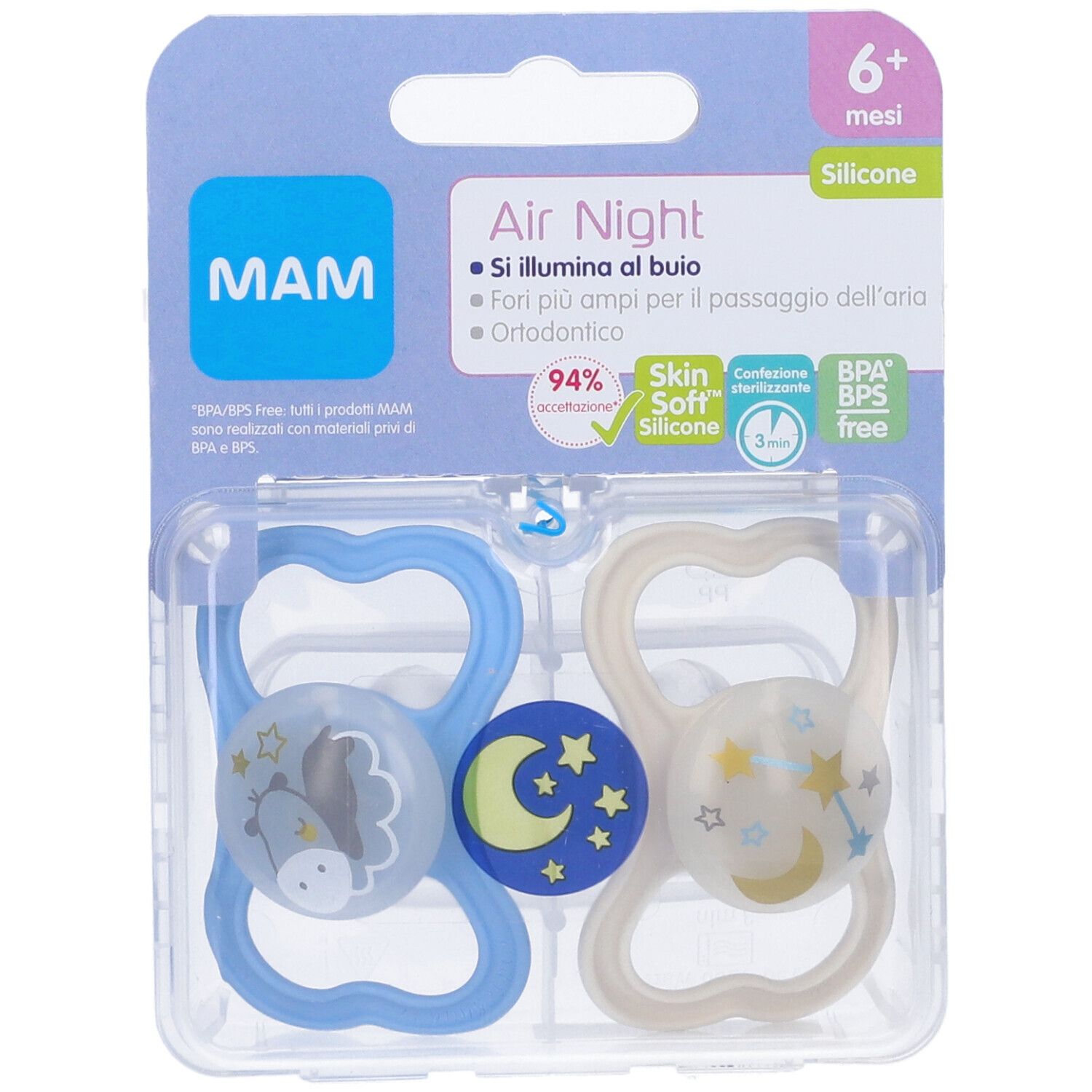 Confezione con due succhietti MAM Air Night. Scritta '6+ mesi'.