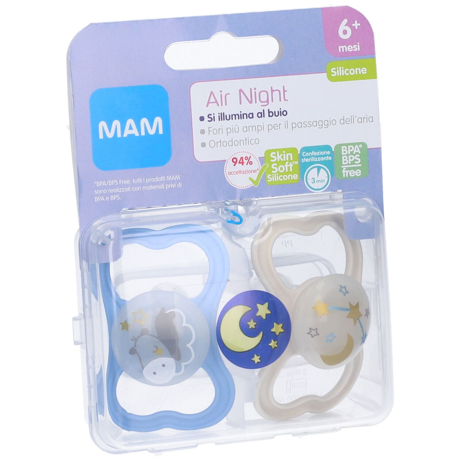 Confezione con due succhietti MAM Air Night. Scritta '6+ mesi'.
