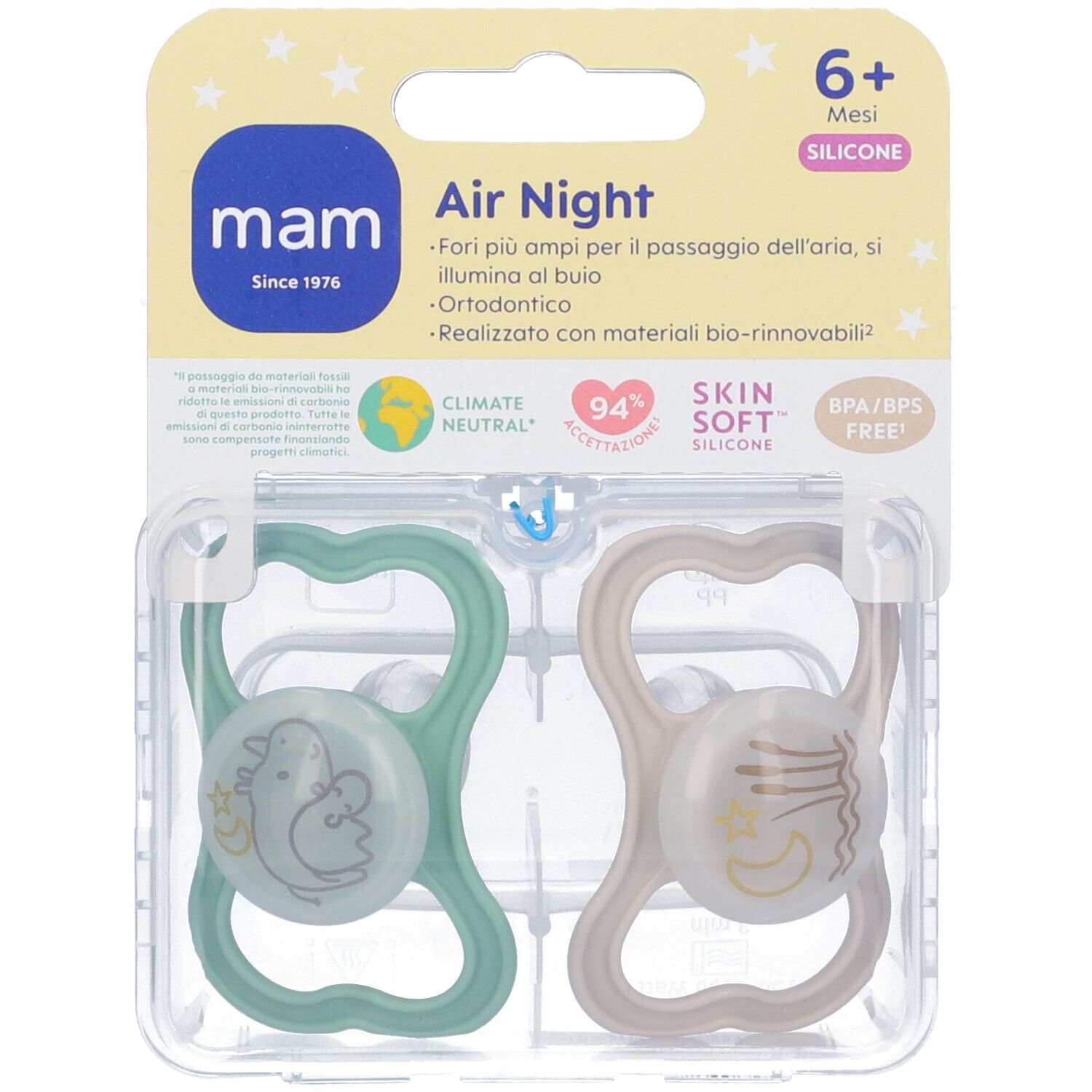 Due succhietti MAM Air Night, 6+ mesi, in silicone. Verde e beige, in confezione blister. Logo MAM visibile.